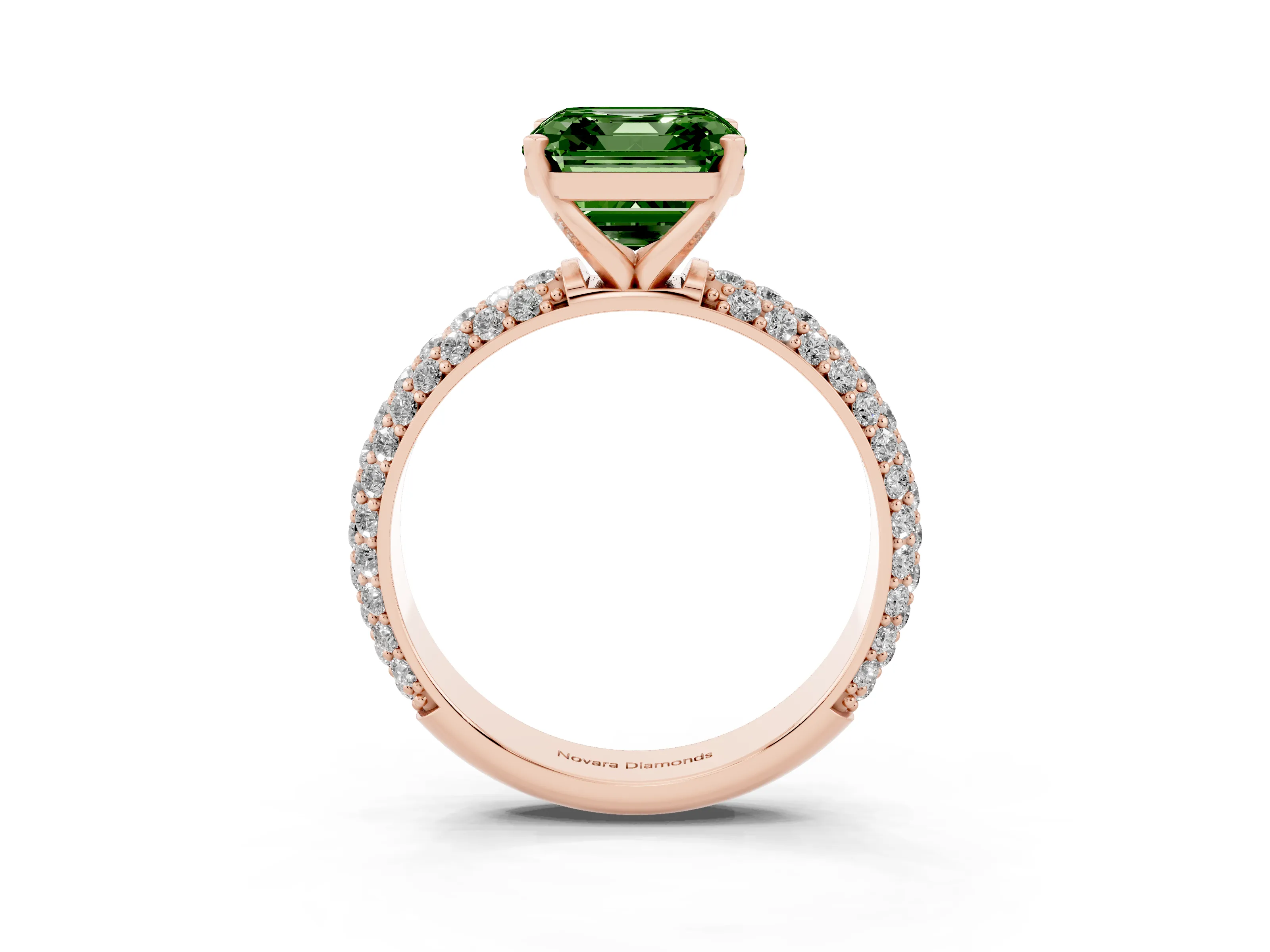 Fancy Green Asscher Cut Diamond Solitaire Ring Set in Rose gold with Prong Setting and Pavé-Set Band