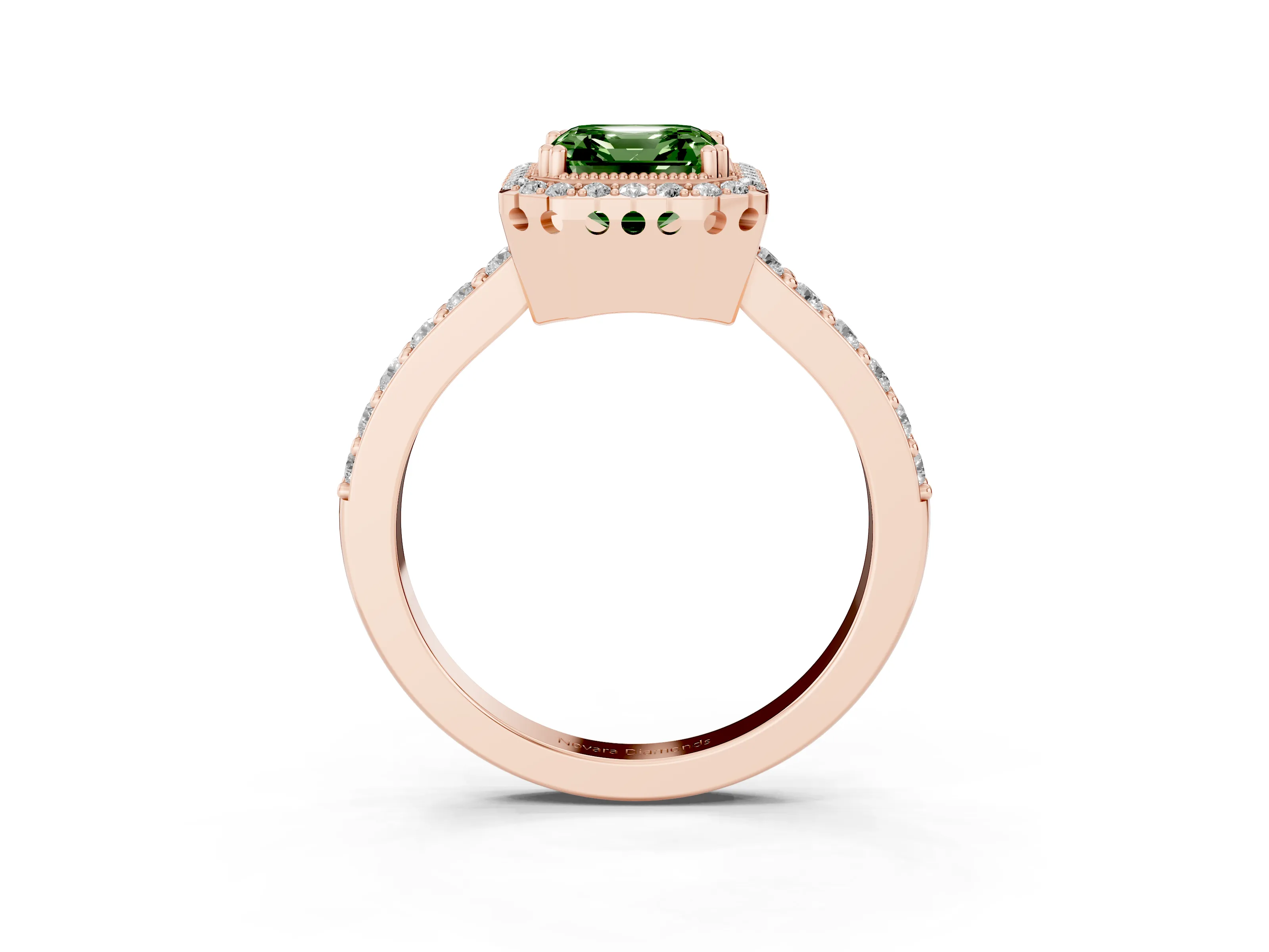 Fancy Green Asscher Cut Diamond Halo Engagement Ring Set in Rose gold with Milgrain Detail and Pavé Band