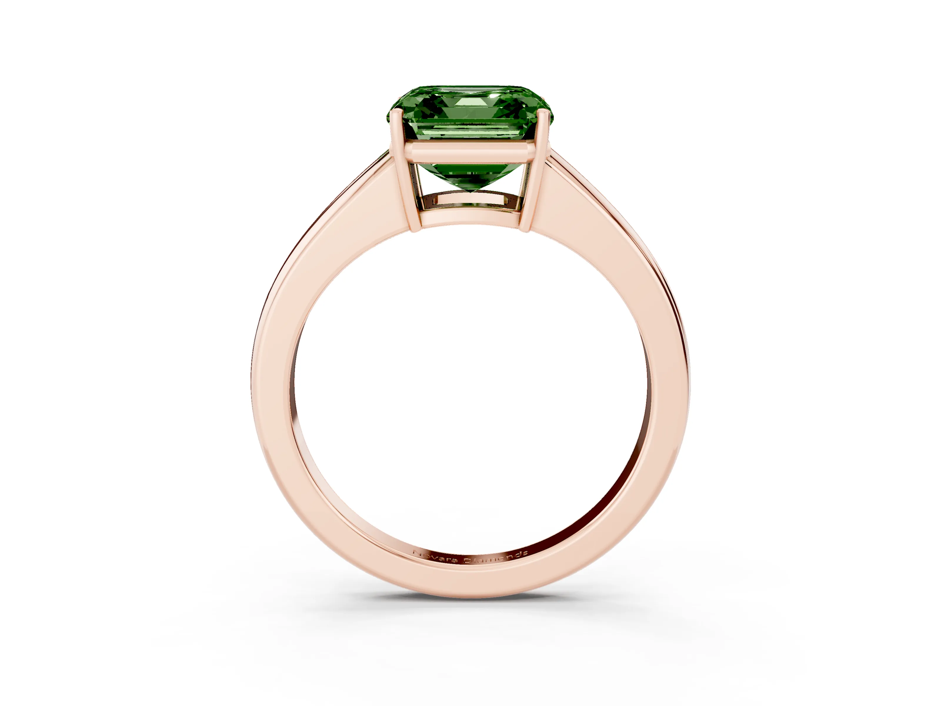 Fancy Green Asscher Cut Diamond Solitaire Ring Set in Rose gold with Tapered Band and Prong Setting