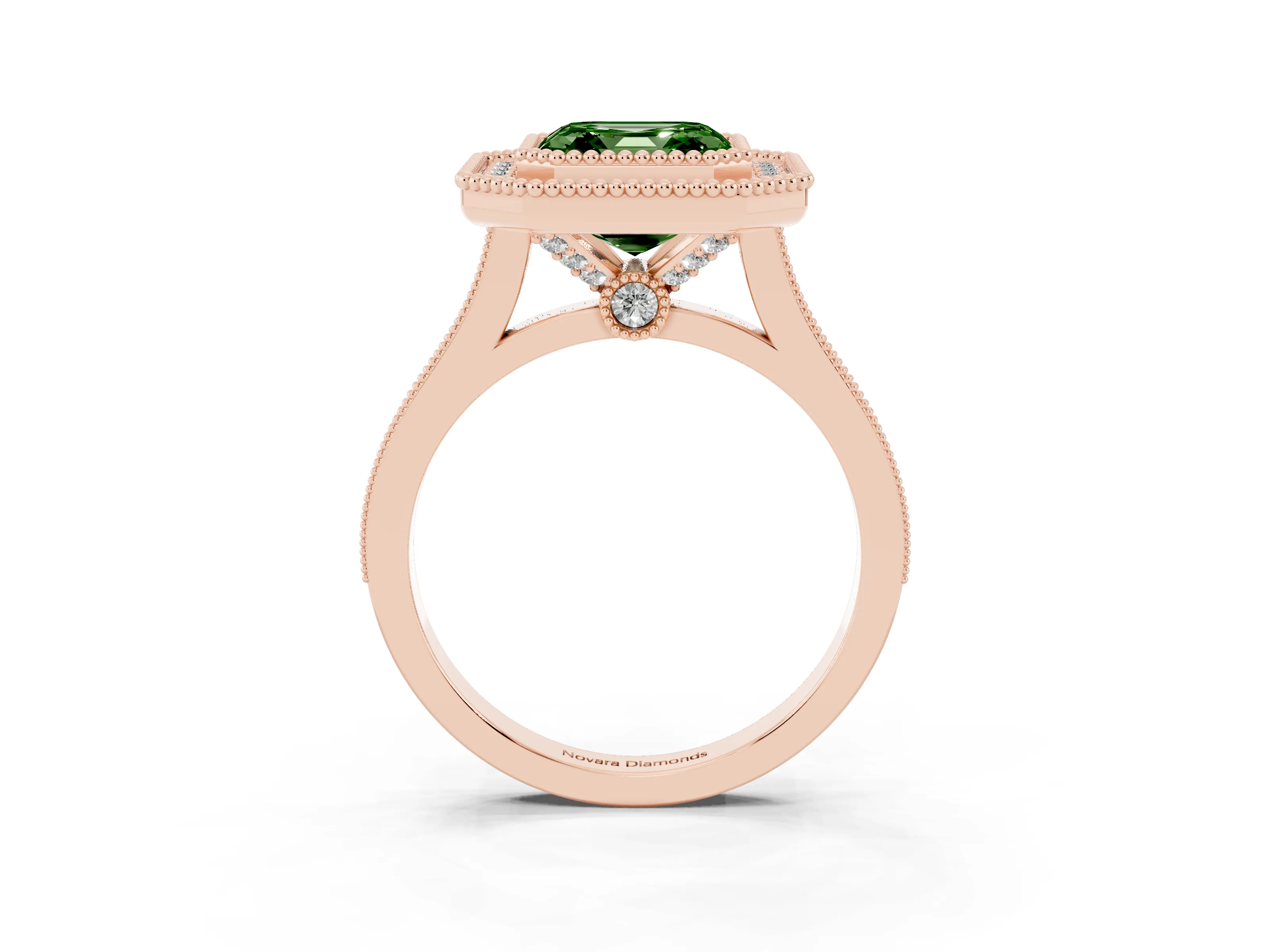 Fancy Green Asscher Cut Diamond Halo Ring Set in Rose gold with Milgrain Frame and Pavé Band