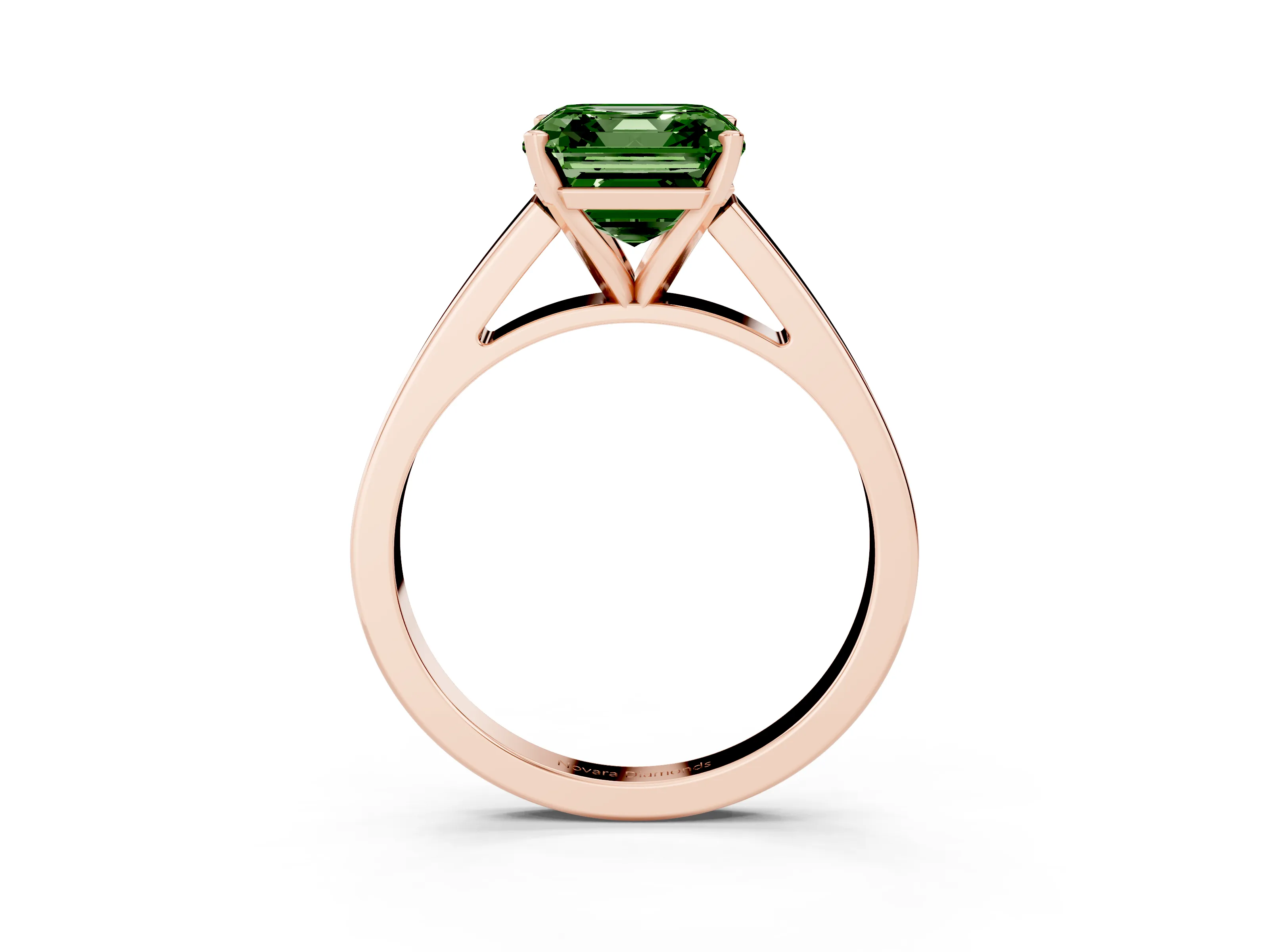 Fancy Green Asscher Cut Diamond Solitaire Engagement Ring Set in Rose gold with Prong Setting and Tapered Band