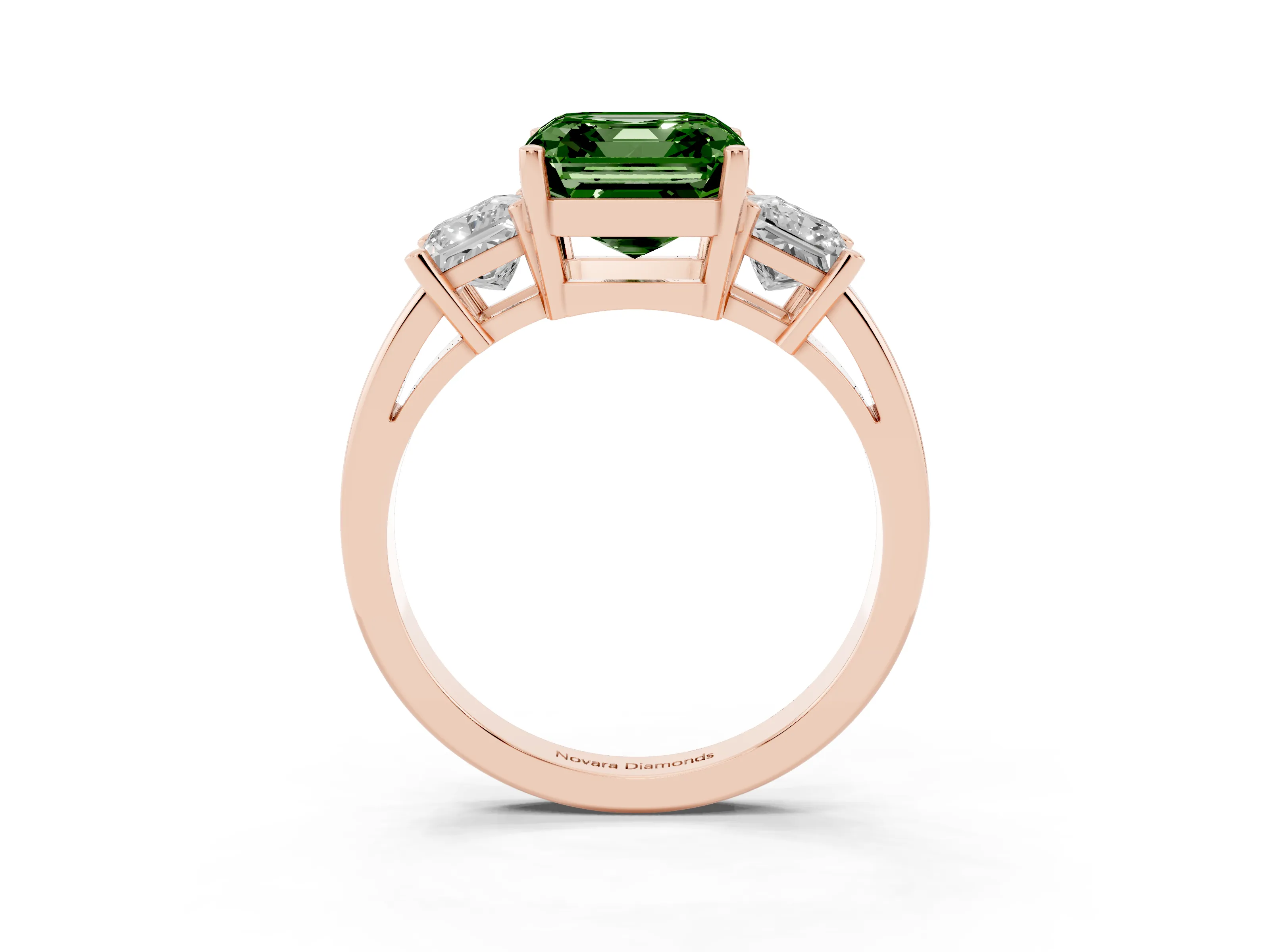 Fancy Green Three-Stone Asscher Cut Diamond Solitaire Ring Set in Rose gold with Prong Setting