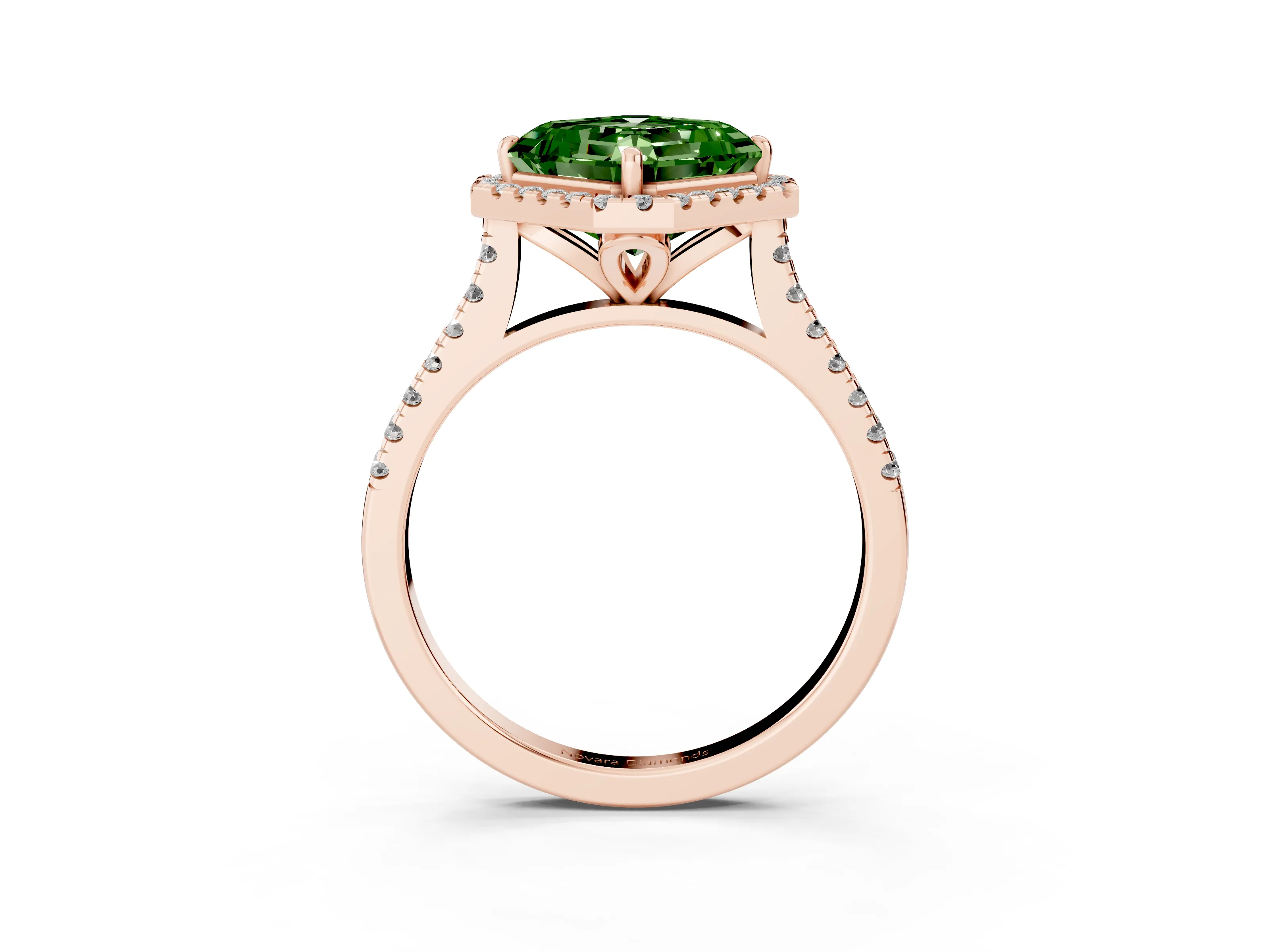 Fancy Green Asscher Cut Diamond Cushion Halo Ring Set in Rose gold with Pavé Band