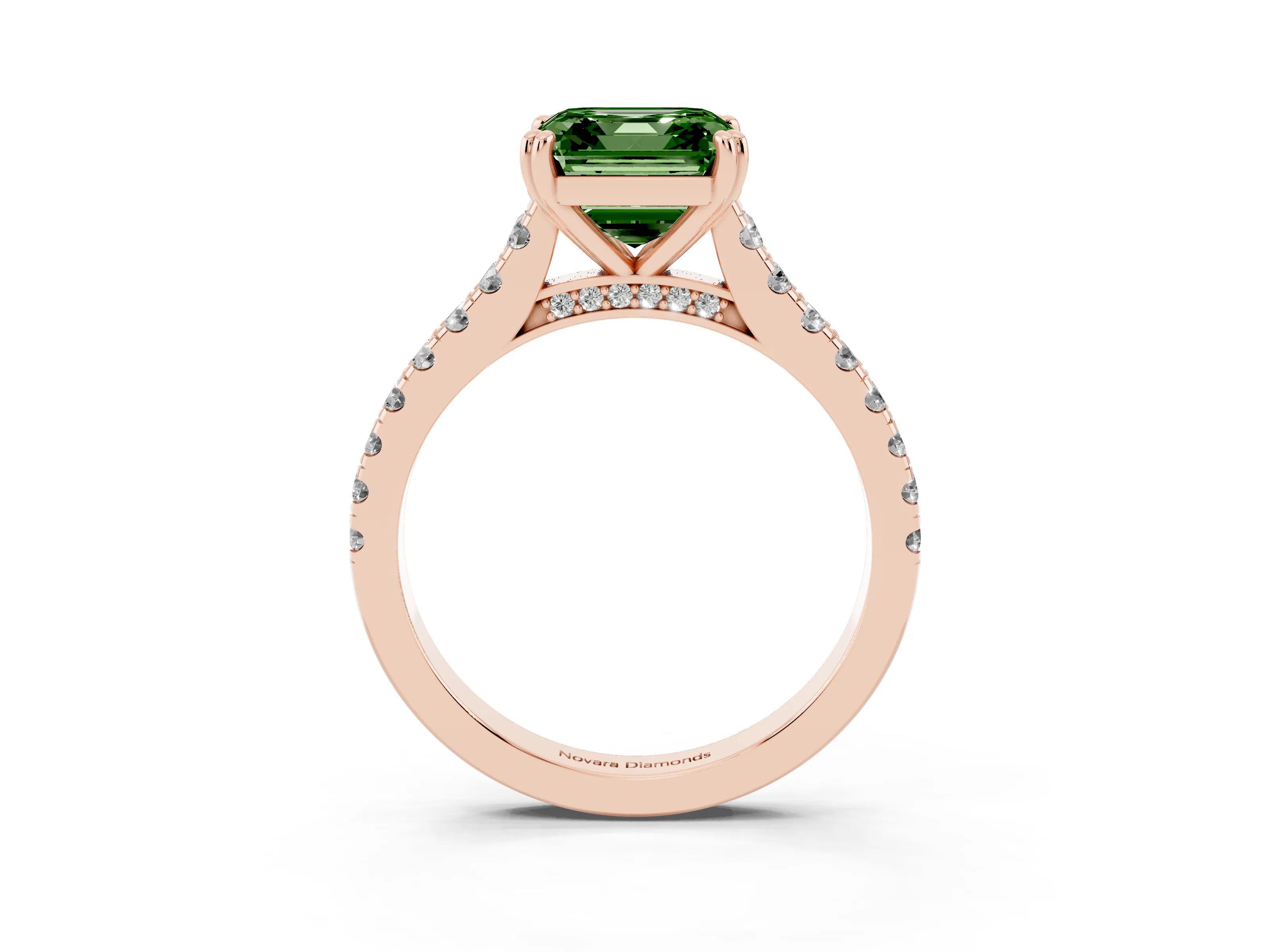 Fancy Green Asscher Cut Diamond Solitaire Engagement Ring Set in Rose gold with Pavé Accents and Prong Setting