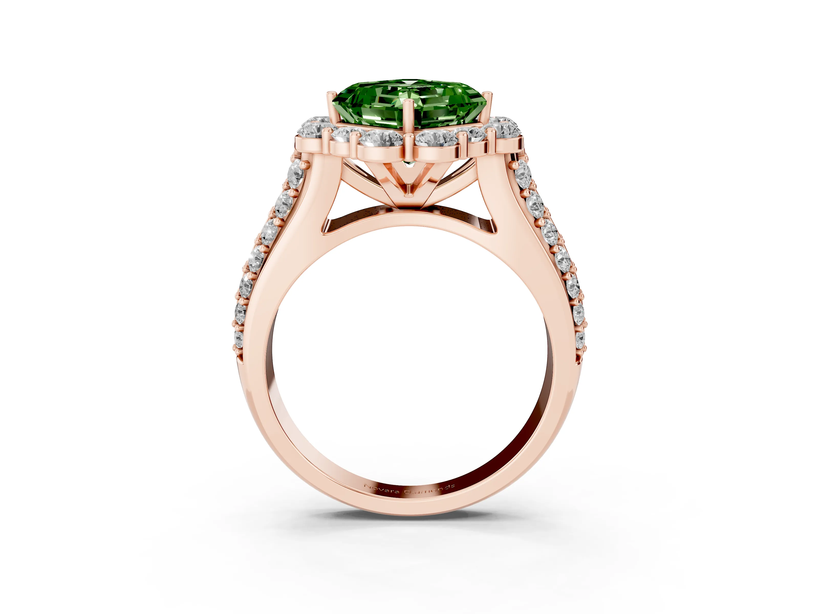 Fancy Green Asscher Cut Diamond Halo Engagement Ring Set in Rose gold with Split Shank and Prong Setting