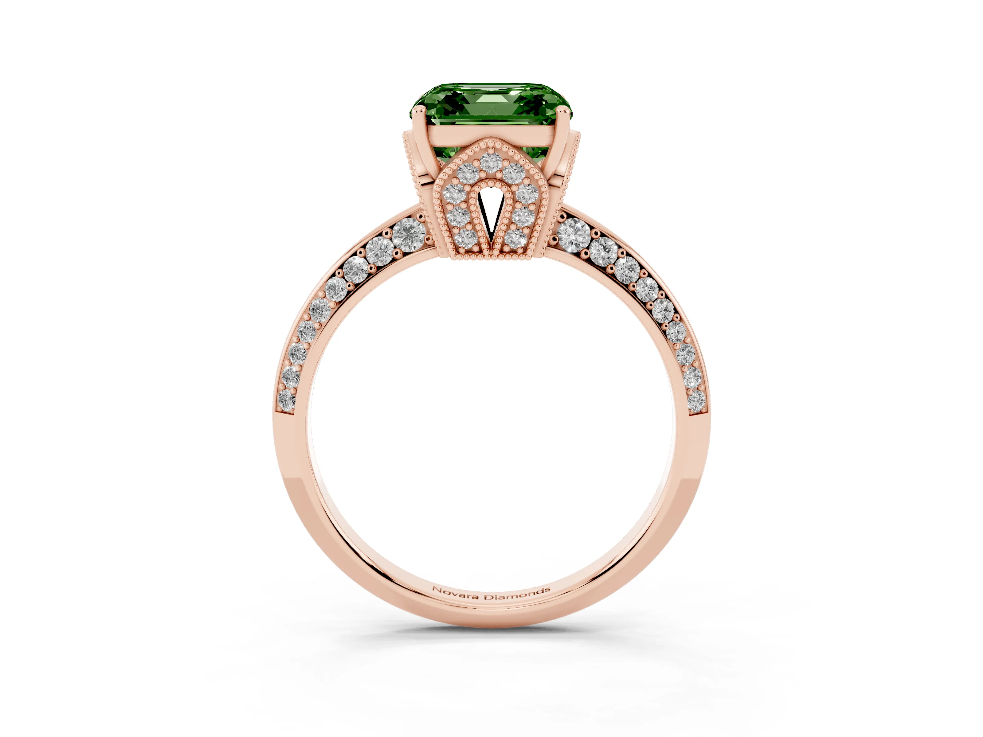 Fancy Green Asscher Cut Diamond Solitaire Engagement Ring Set in Rose gold with Pavé Split Shank and Prong Setting