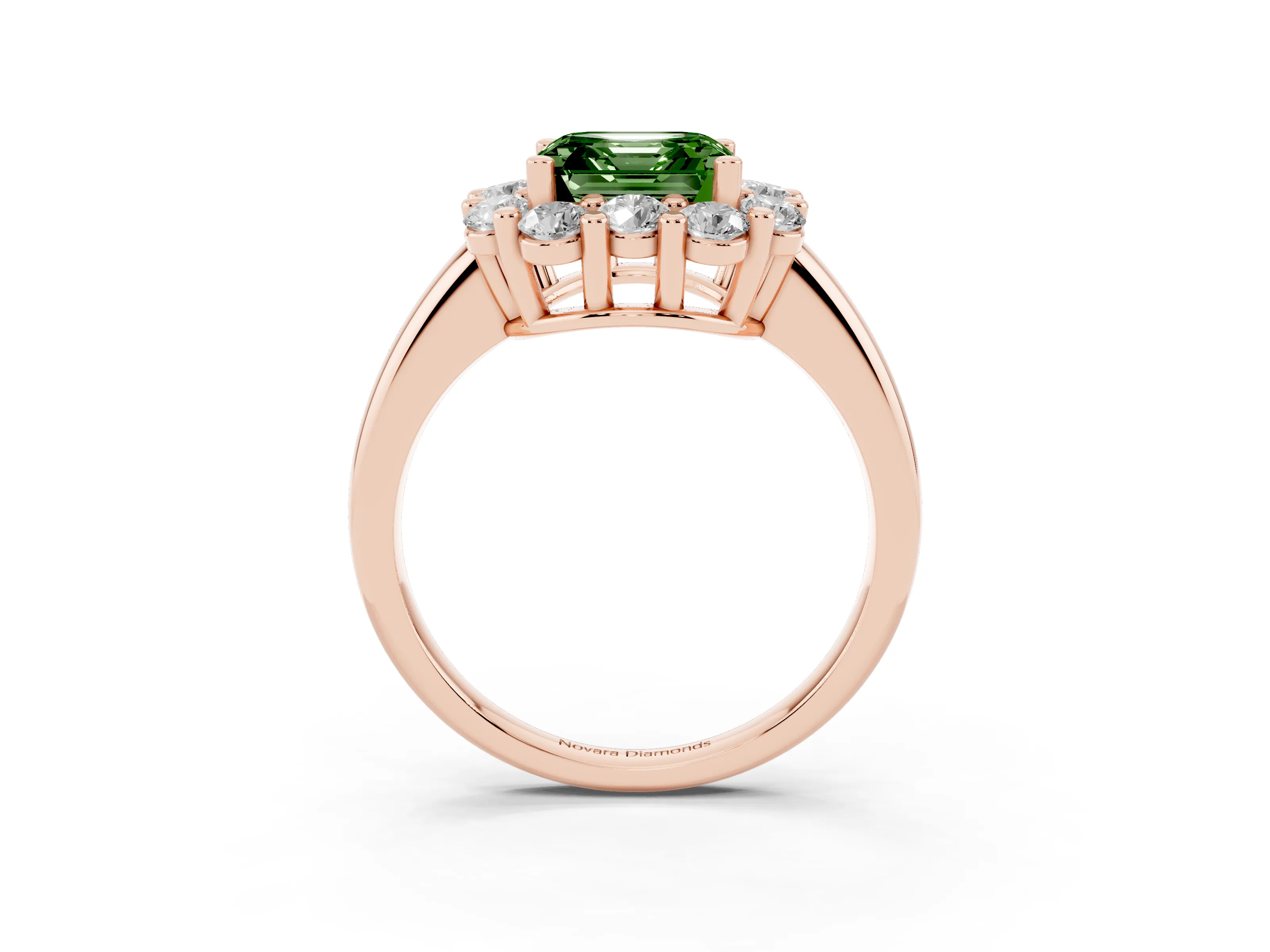 Fancy Green Asscher Cut Diamond Halo Cluster Engagement Ring Set in Rose gold with Polished Band and Prong Setting