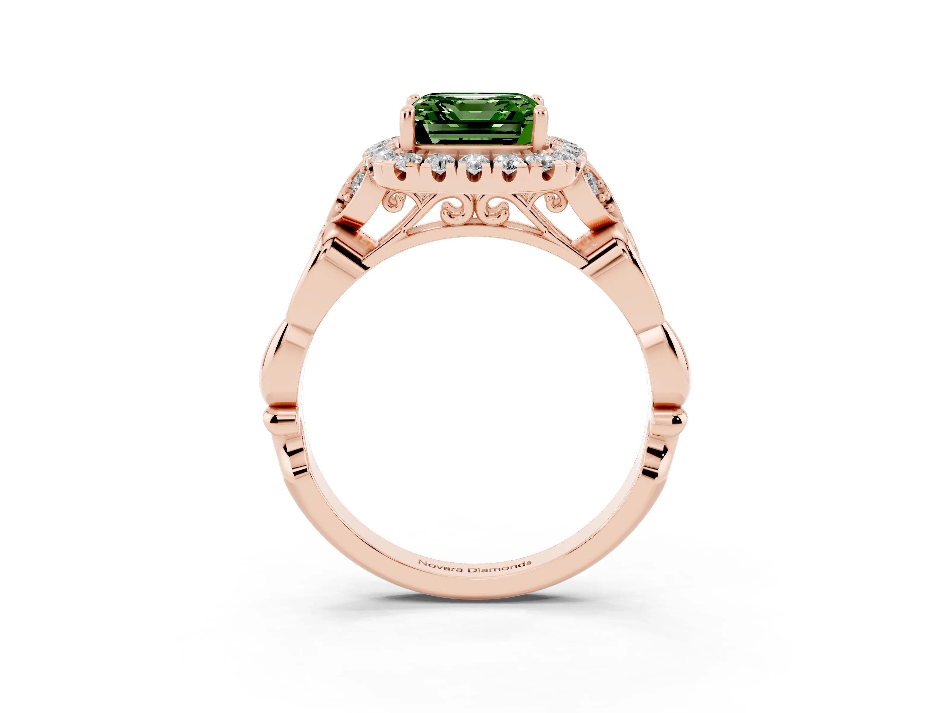 Fancy Green Asscher Cut Diamond Halo Engagement Ring Set in Rose gold with Vintage-Inspired Band and Prong Setting