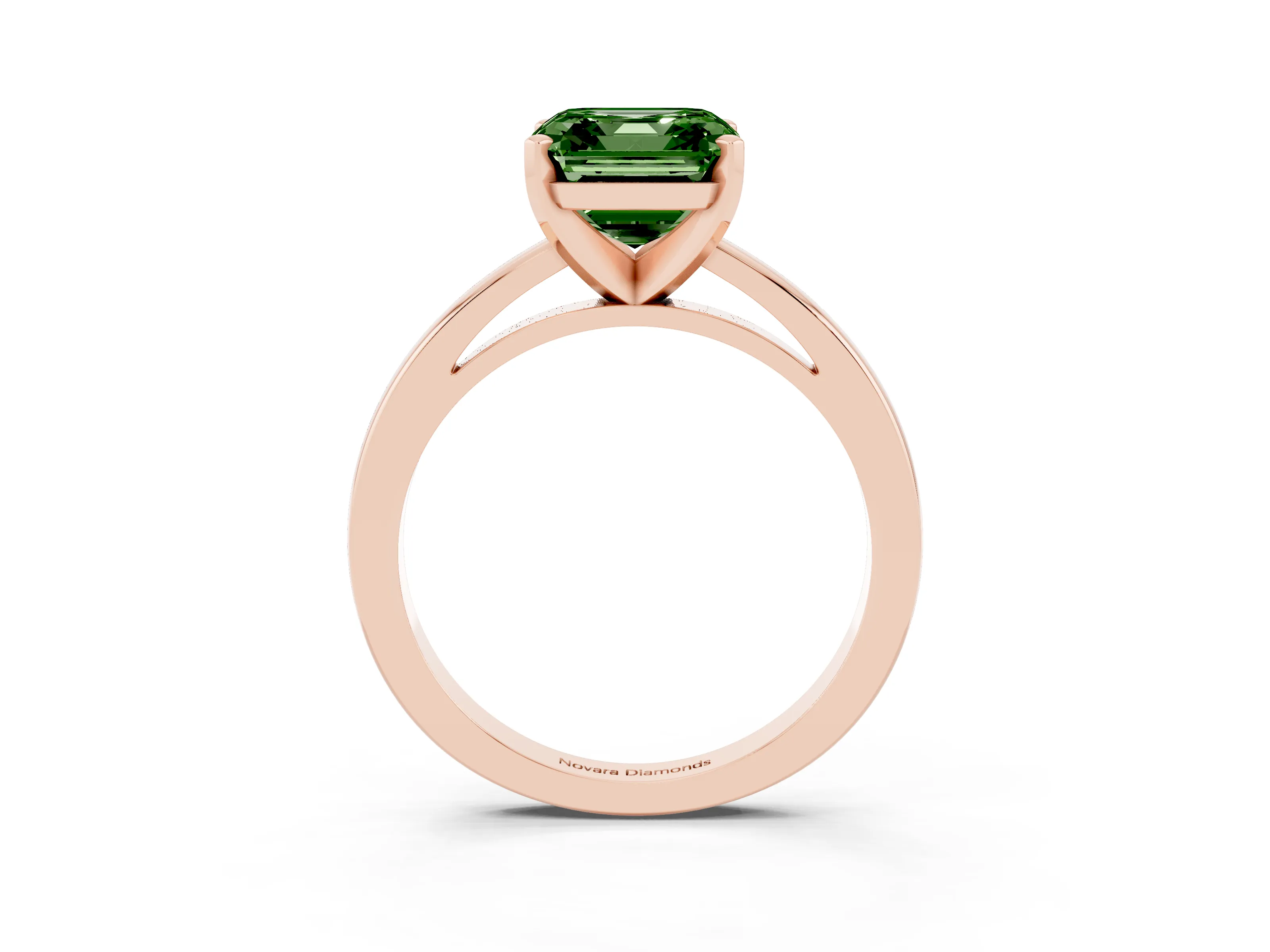 Fancy Green Asscher Cut Diamond Solitaire Engagement Ring Set in Rose gold with Prong Setting on a Classic Band