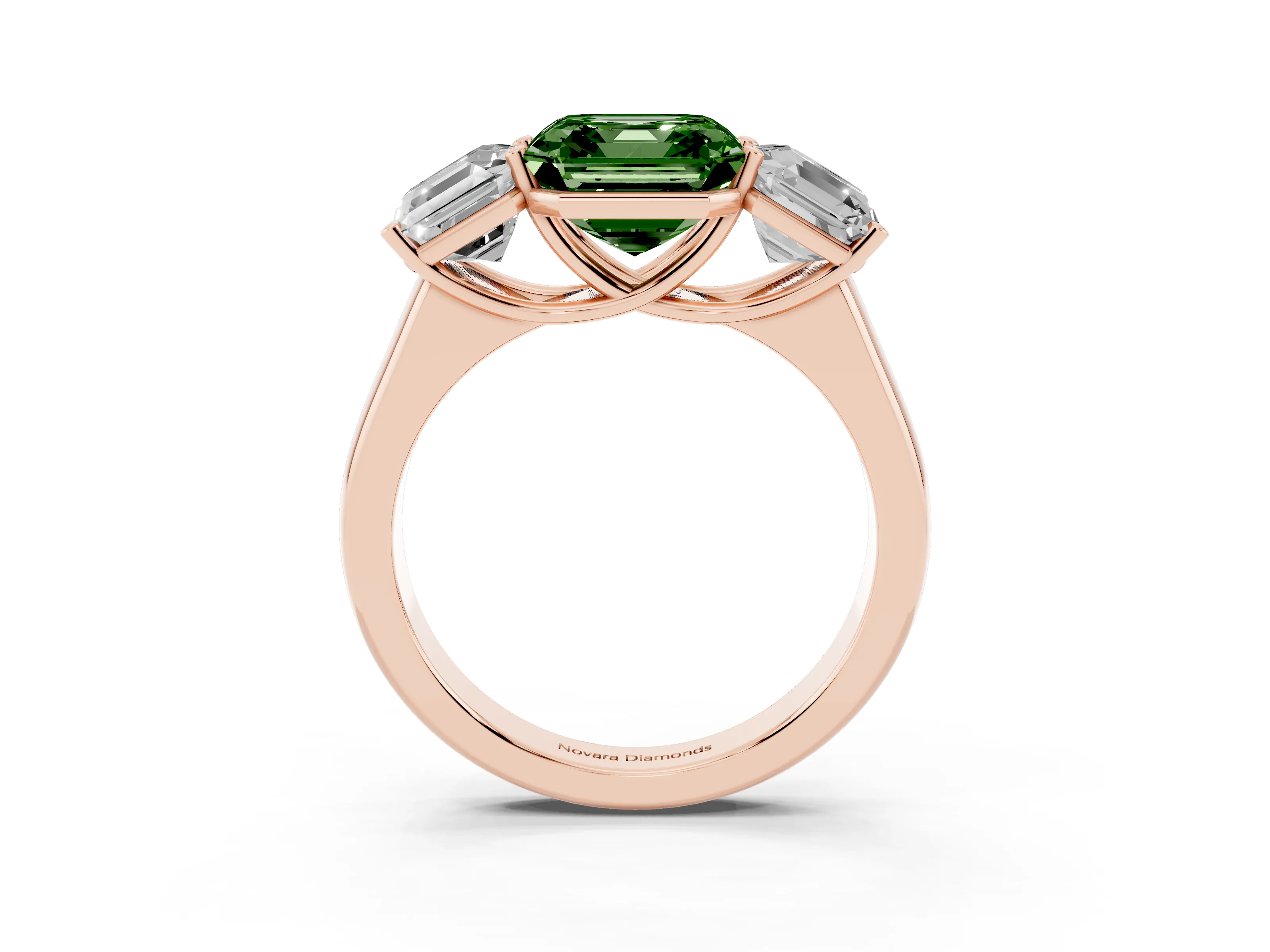 Fancy Green Asscher Cut Diamond Three-Stone Ring Set in Rose gold with Plain Polished Band