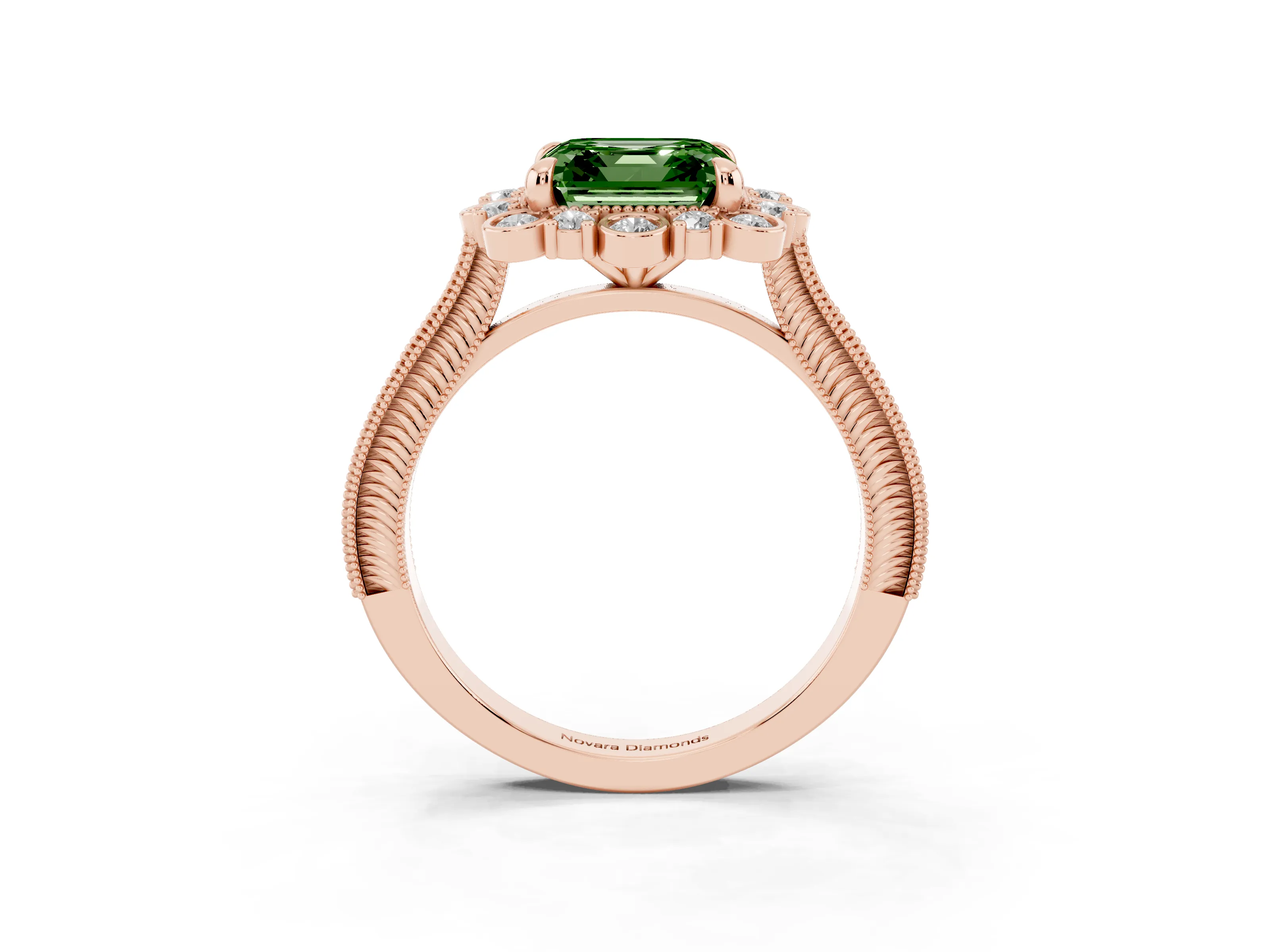 Fancy Green Asscher Cut Diamond Halo Milgrain Pavé Ring Set in Rose gold with Prong Setting