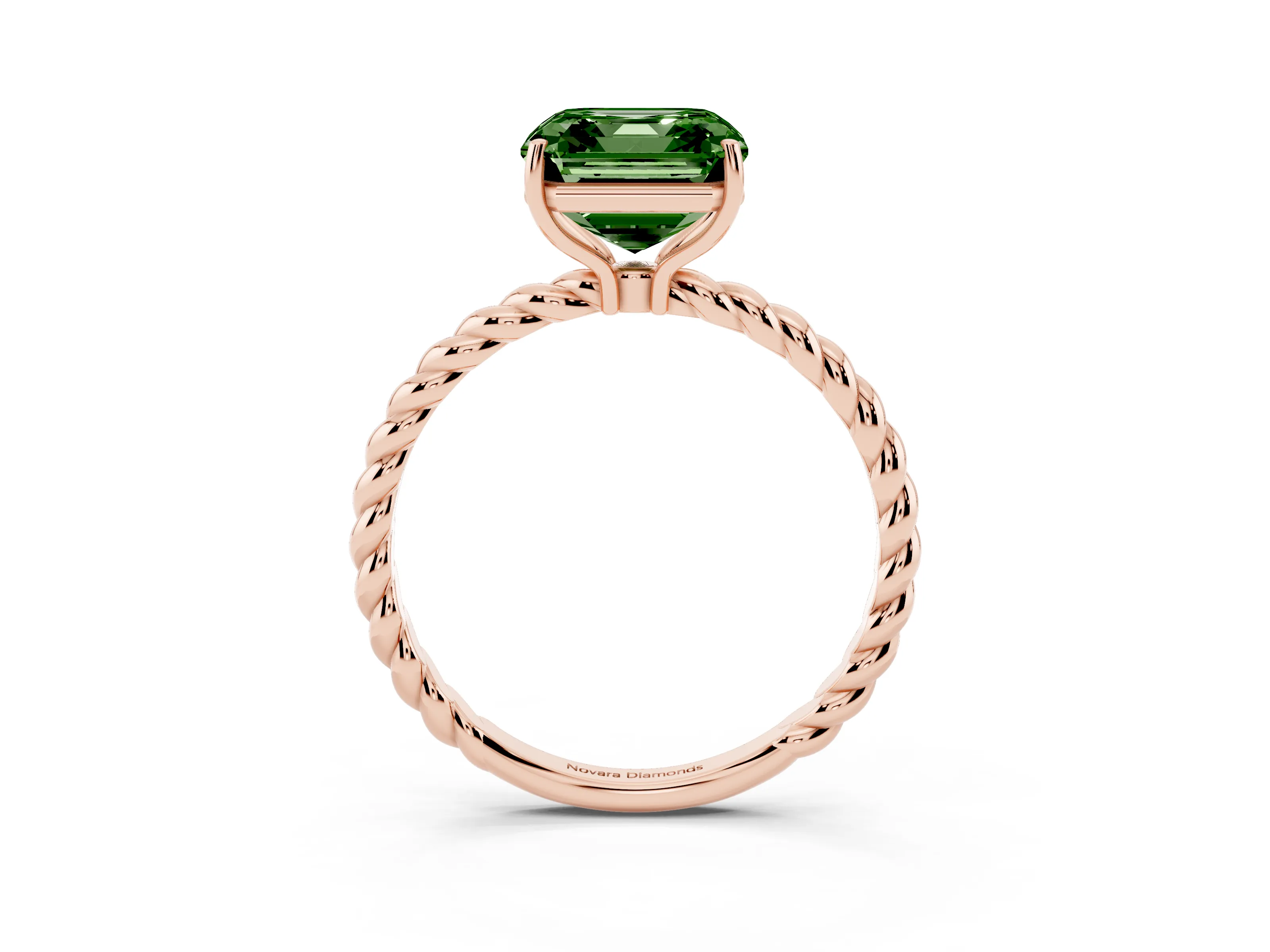 Fancy Green Asscher Cut Diamond Solitaire Ring Set in Rose gold with Twist Band and Prong Setting