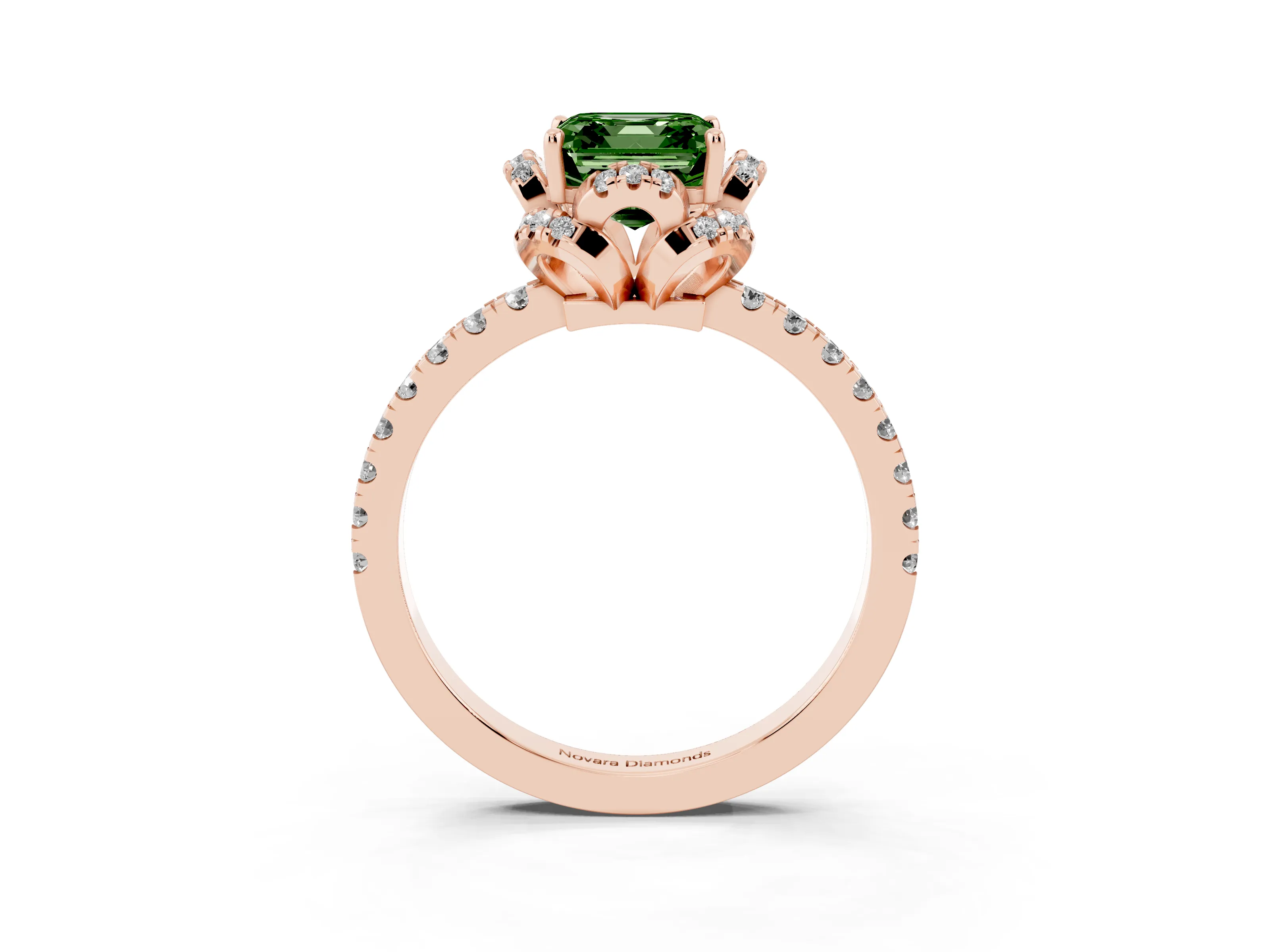 Fancy Green Asscher Cut Diamond Halo Pavé Ring Set in Rose gold with Prong-Held Center Stone