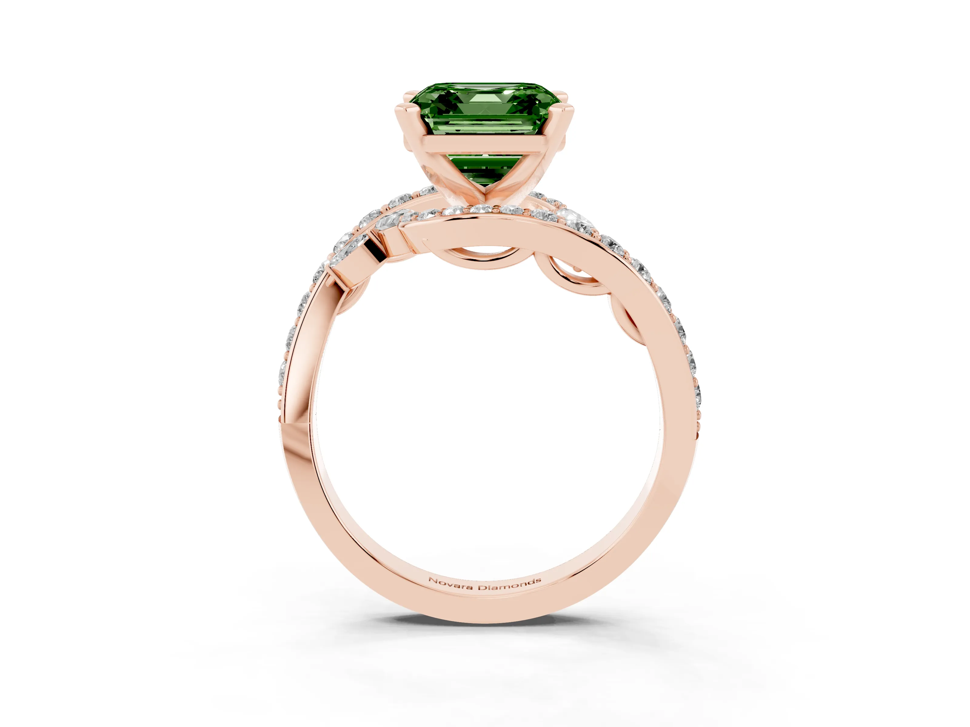 Fancy Green Asscher Cut Diamond Solitaire Ring Set in Rose gold with Pavé Twist Band and Secure Prong Setting