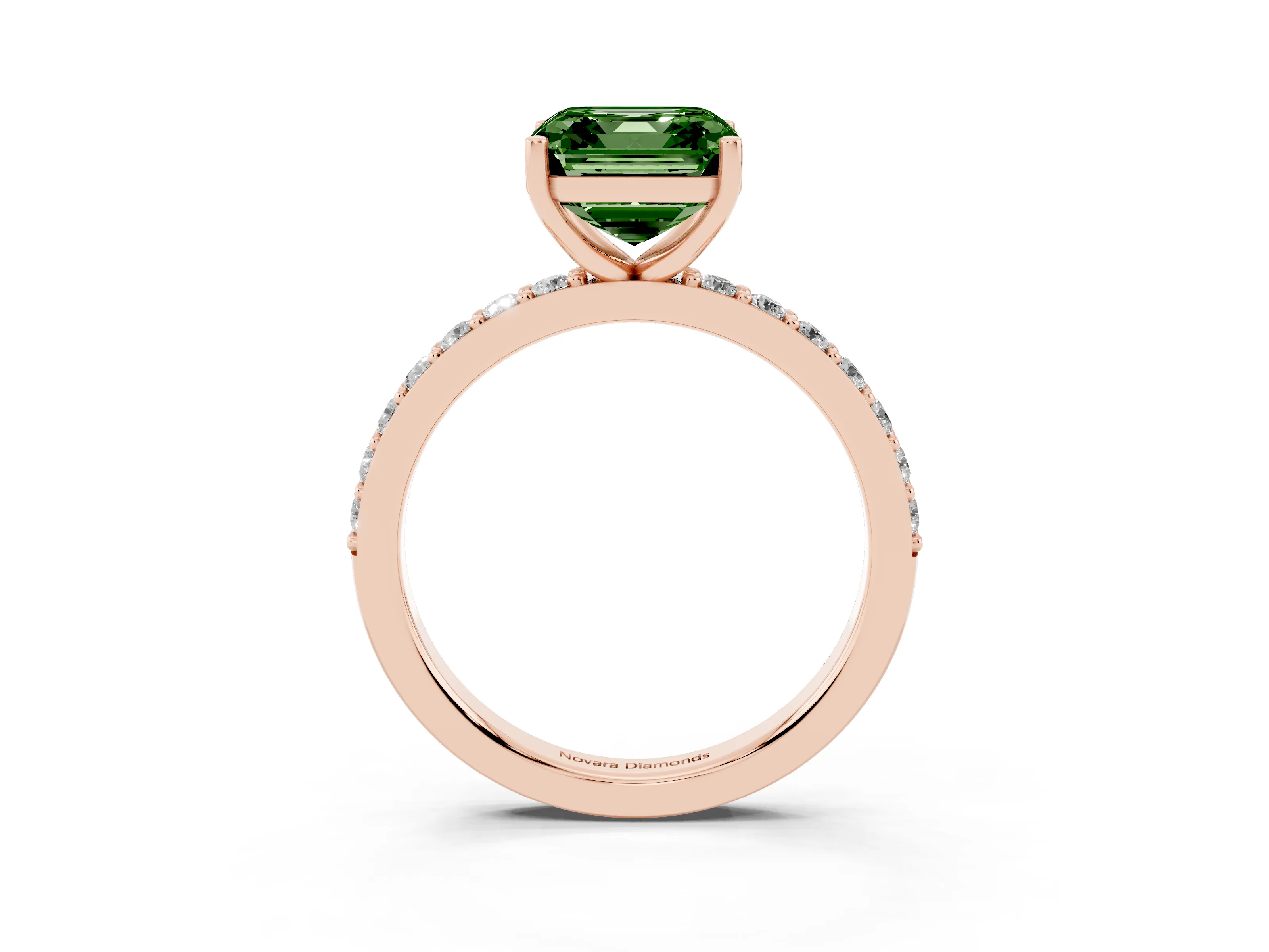 Fancy Green Asscher Cut Diamond Solitaire Set in Rose gold with Round Pavé Band and Prong Setting