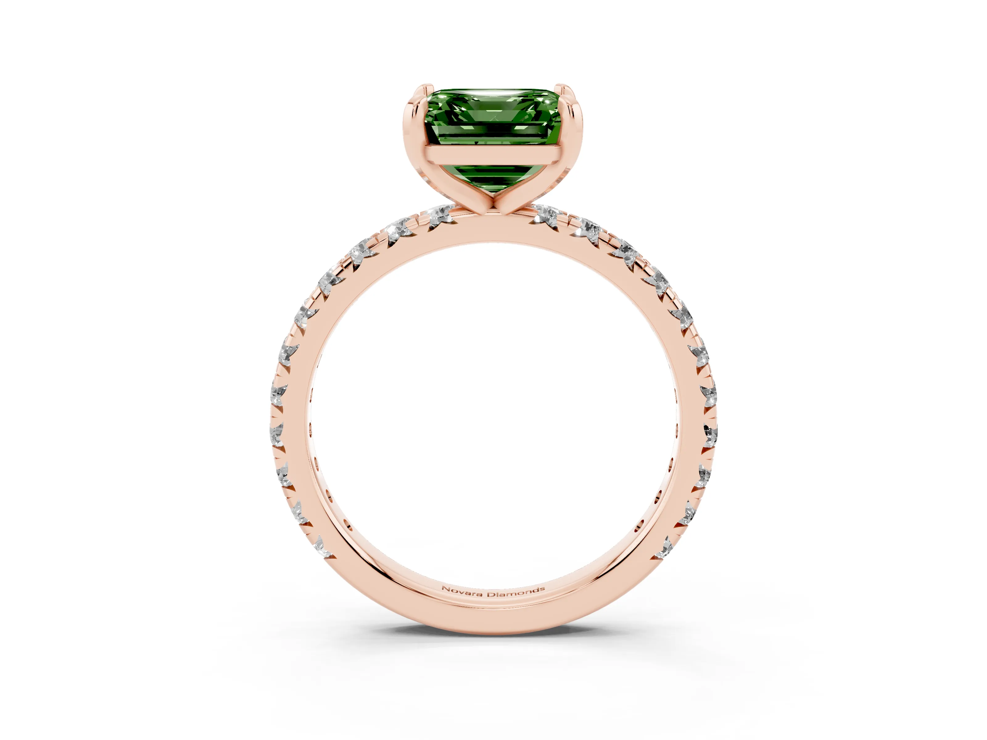 Fancy Green Asscher Cut Diamond Pavé Solitaire Ring Set in Rose gold with Round Band and Prong Setting