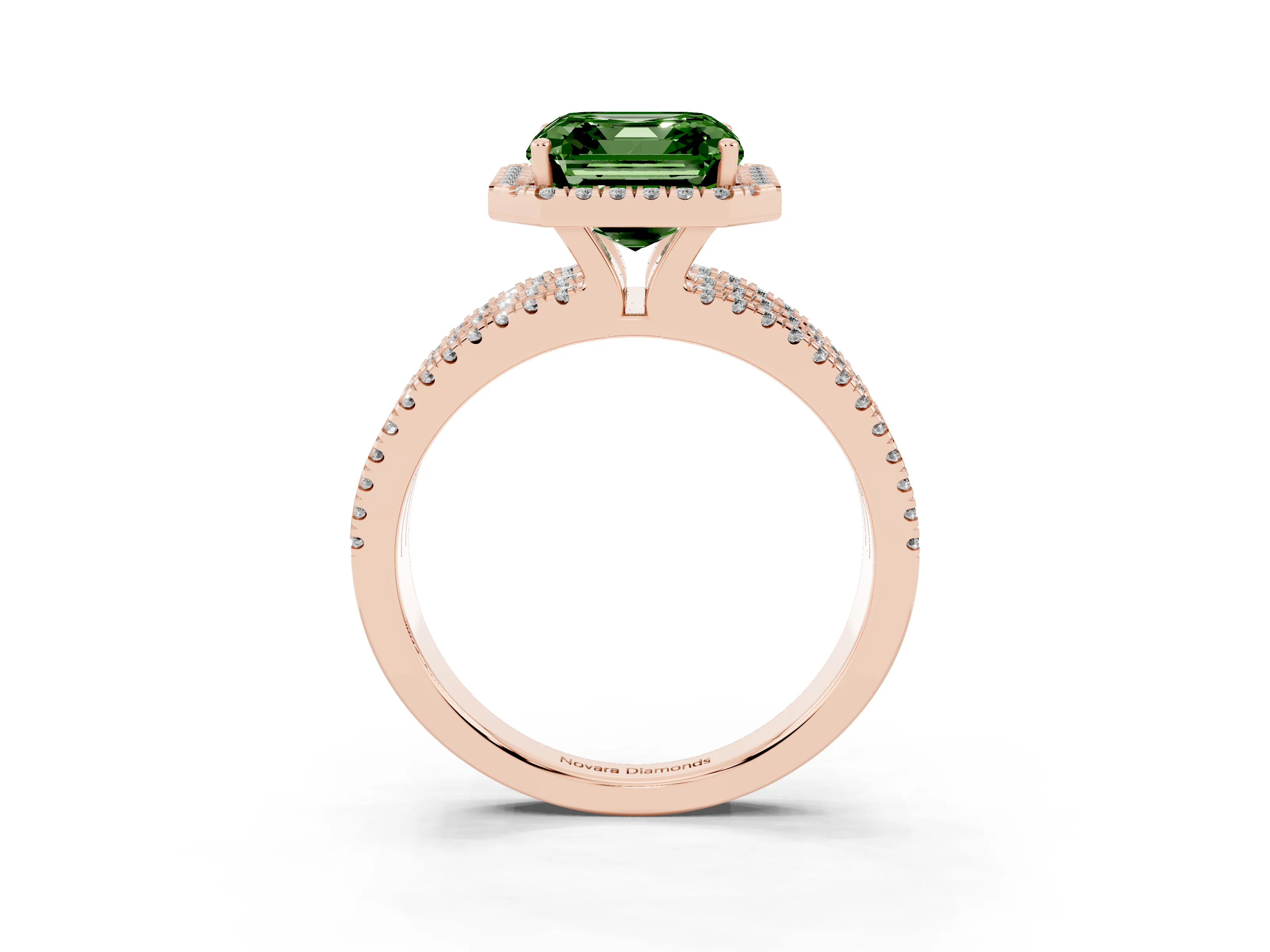 Fancy Green Asscher Cut Diamond Halo Split Shank Engagement Ring Set in Rose gold with Prong Setting