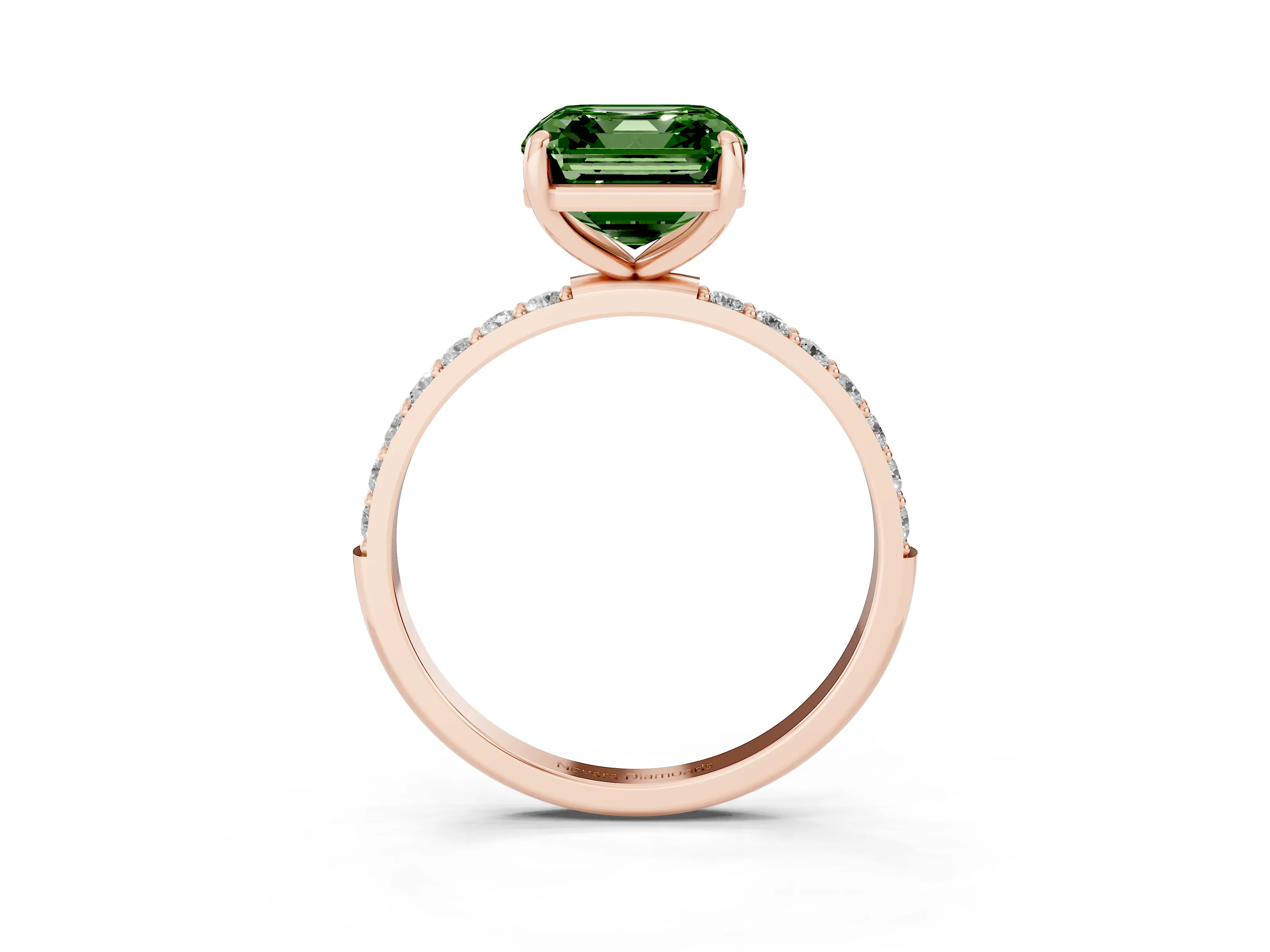 Fancy Green Asscher Cut Diamond Solitaire Ring Set in Rose gold with Round Pavé Band and Prong Setting