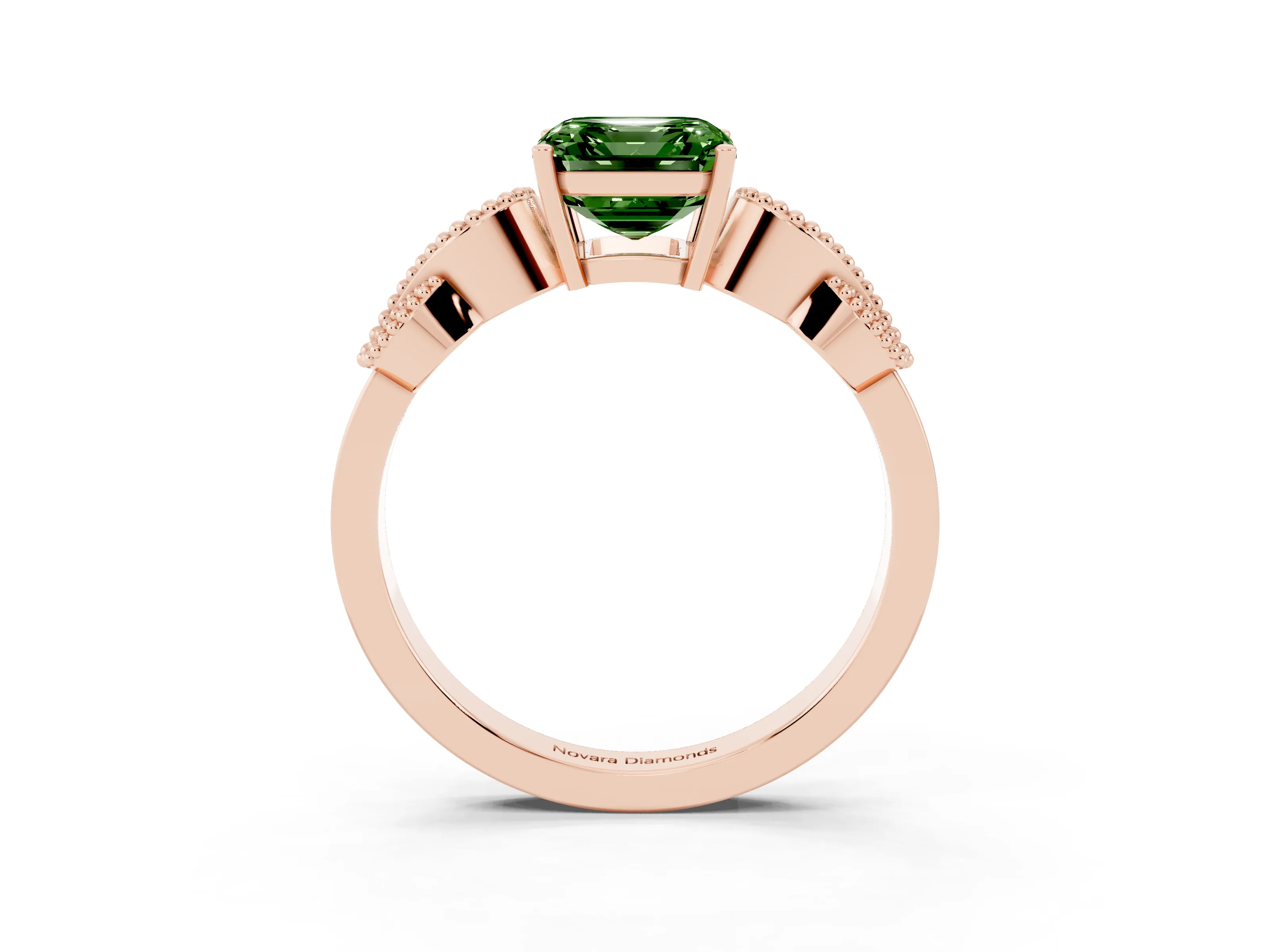 Fancy Green Asscher Cut Diamond Milgrain Leaf Band Solitaire Ring Set in Rose gold with Accent Stones and Prong Setting