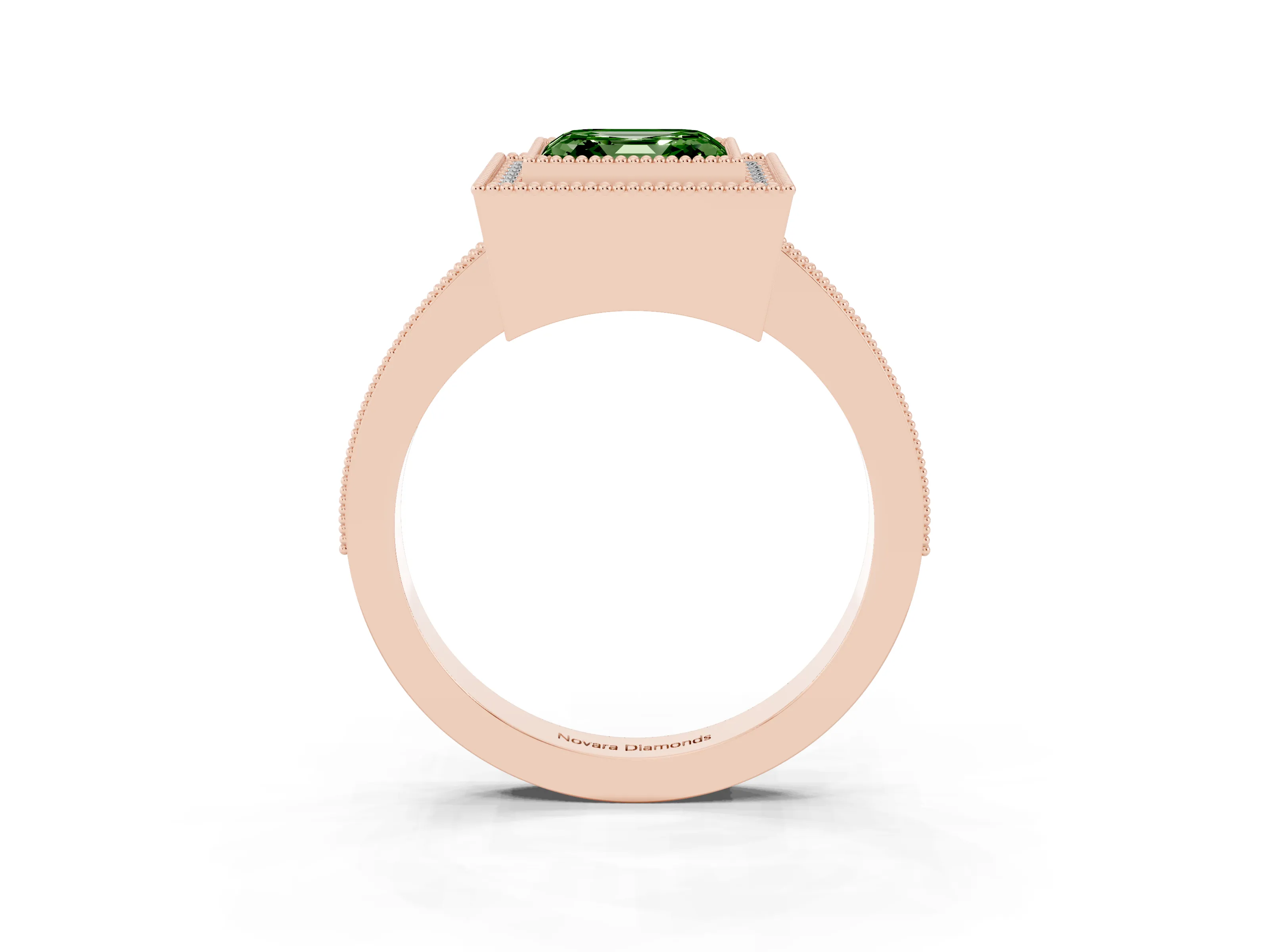 Fancy Green Asscher Cut Diamond Halo Engagement Ring Set in Rose gold with Pavé Band and Round Halo Stones