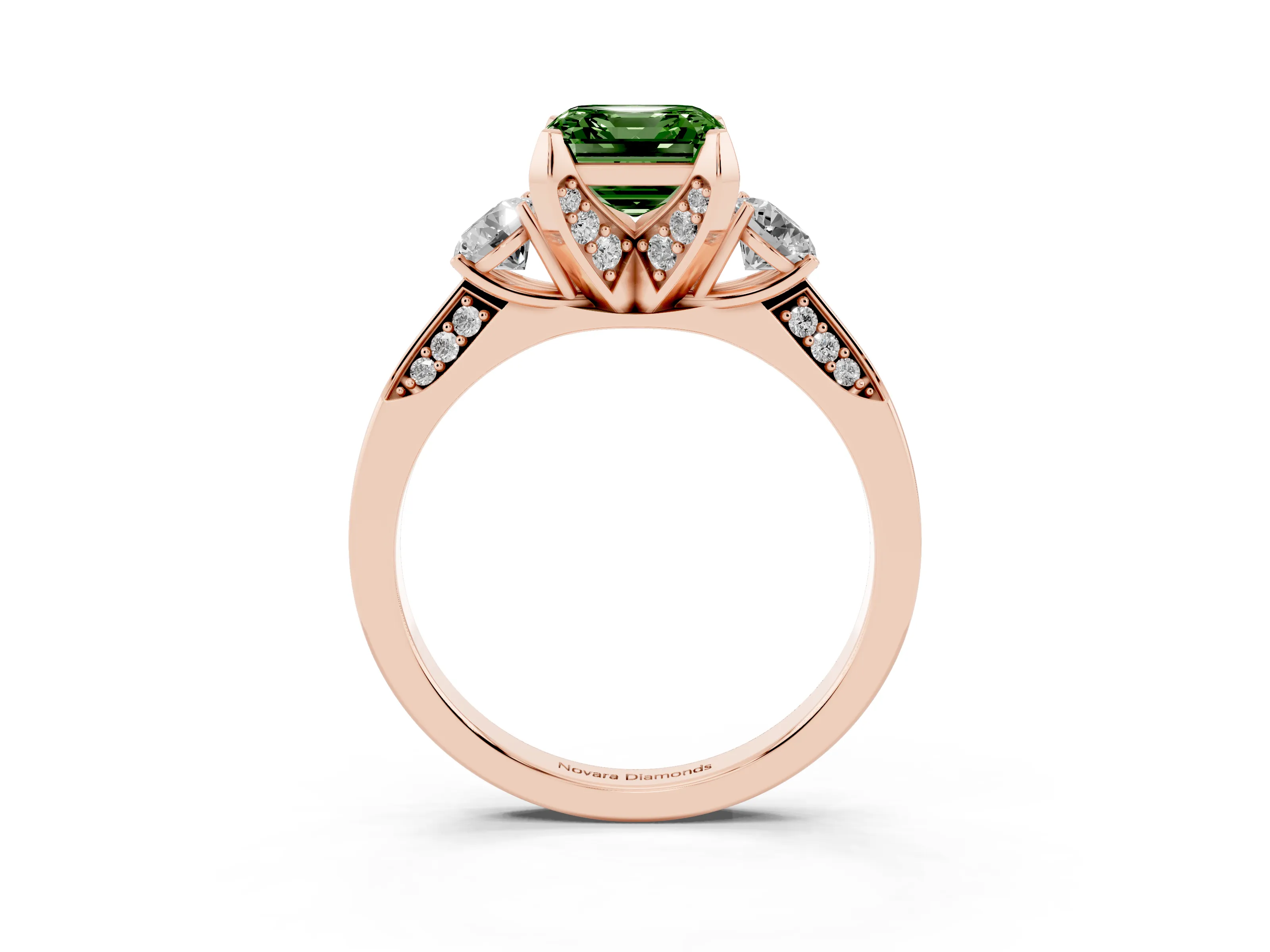 Fancy Green Asscher Cut Diamond Three-Stone Ring Set in Rose gold with Pavé Band and Smaller Side Stones