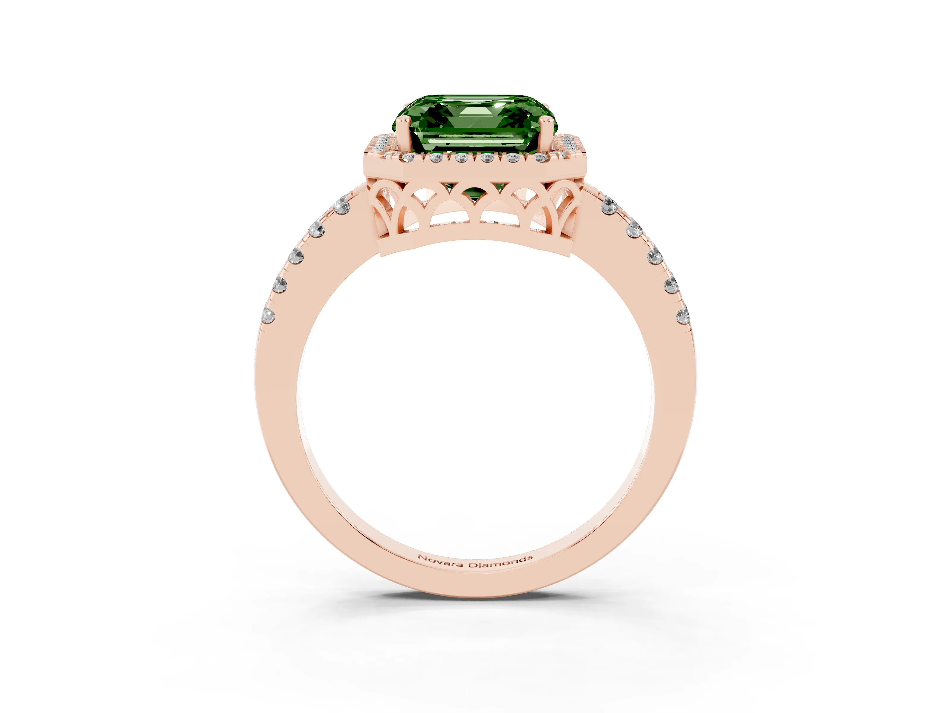 Fancy Green Asscher Cut Diamond Pavé Band Halo Engagement Ring Set in Rose gold with Prong Setting