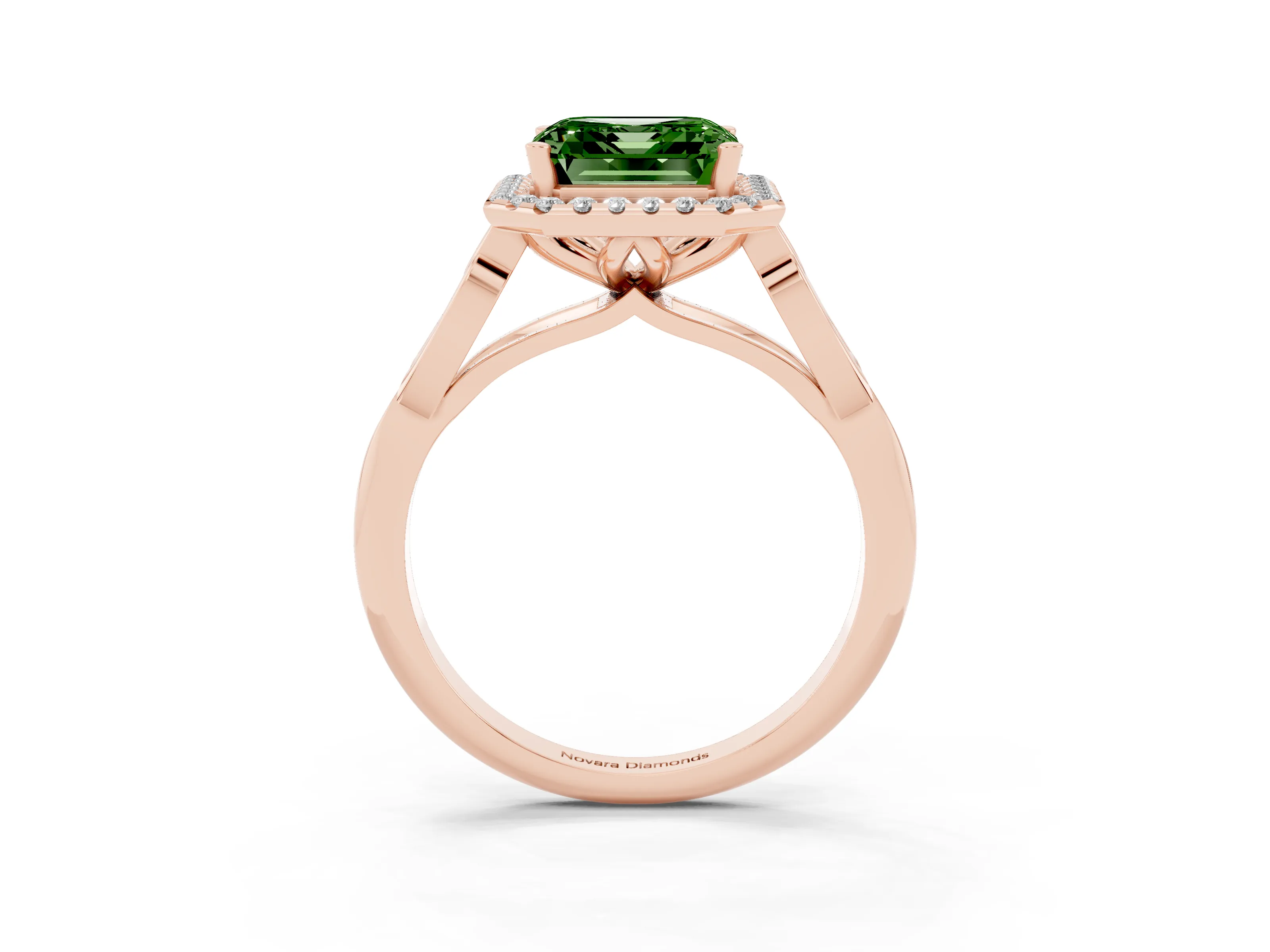 Fancy Green Asscher Cut Diamond Halo Engagement Ring Set in Rose gold with Filigree Band and Prong-Set Center