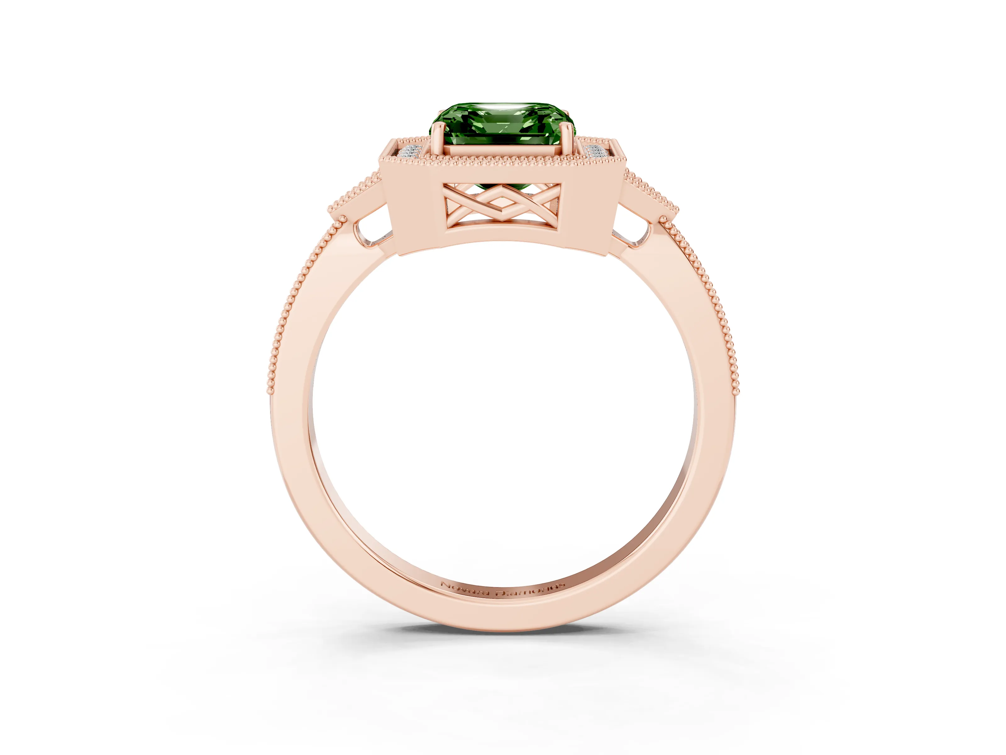 Fancy Green Asscher Cut Diamond Halo Engagement Ring Set in Rose gold with Milgrain Pavé Band