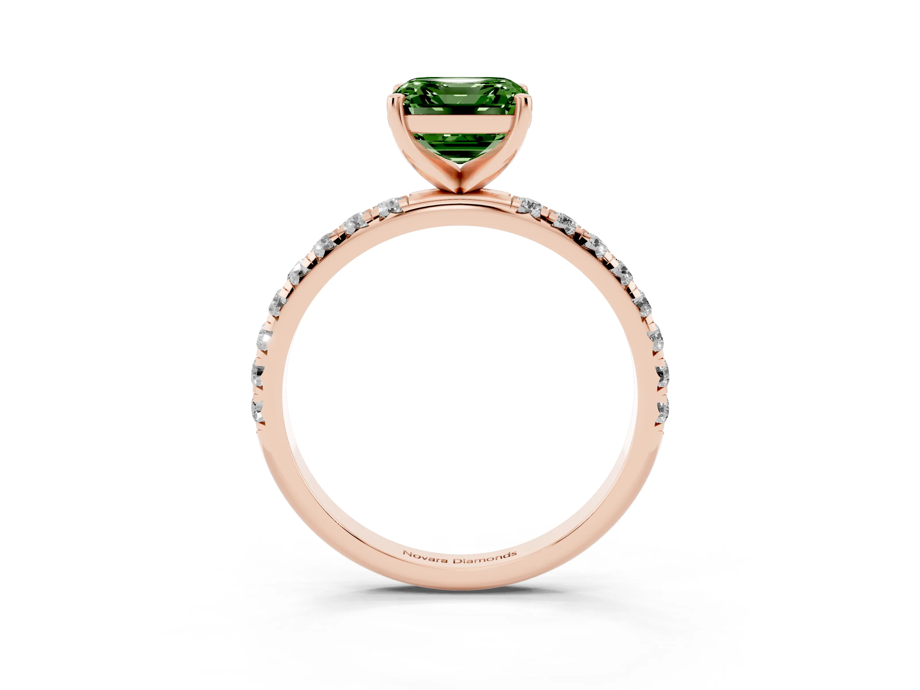 Fancy Green Asscher Cut Diamond Solitaire Ring Set in Rose gold with Micro Pavé Band and Prong Setting