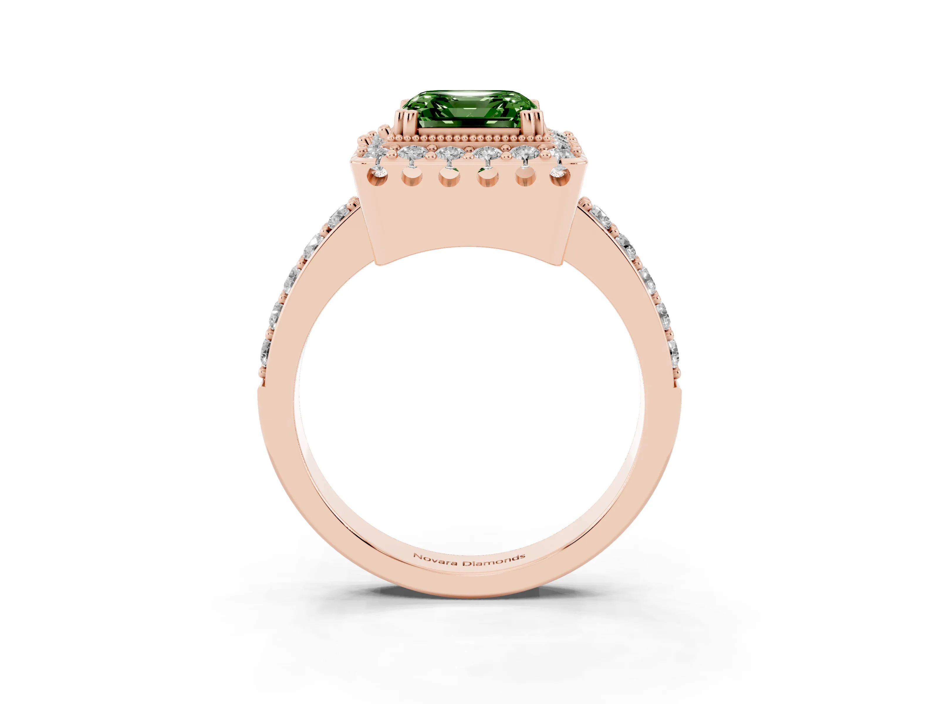 Fancy Green Asscher Cut Diamond Halo Ring Set in Rose gold with Pavé Shank and Prong Setting