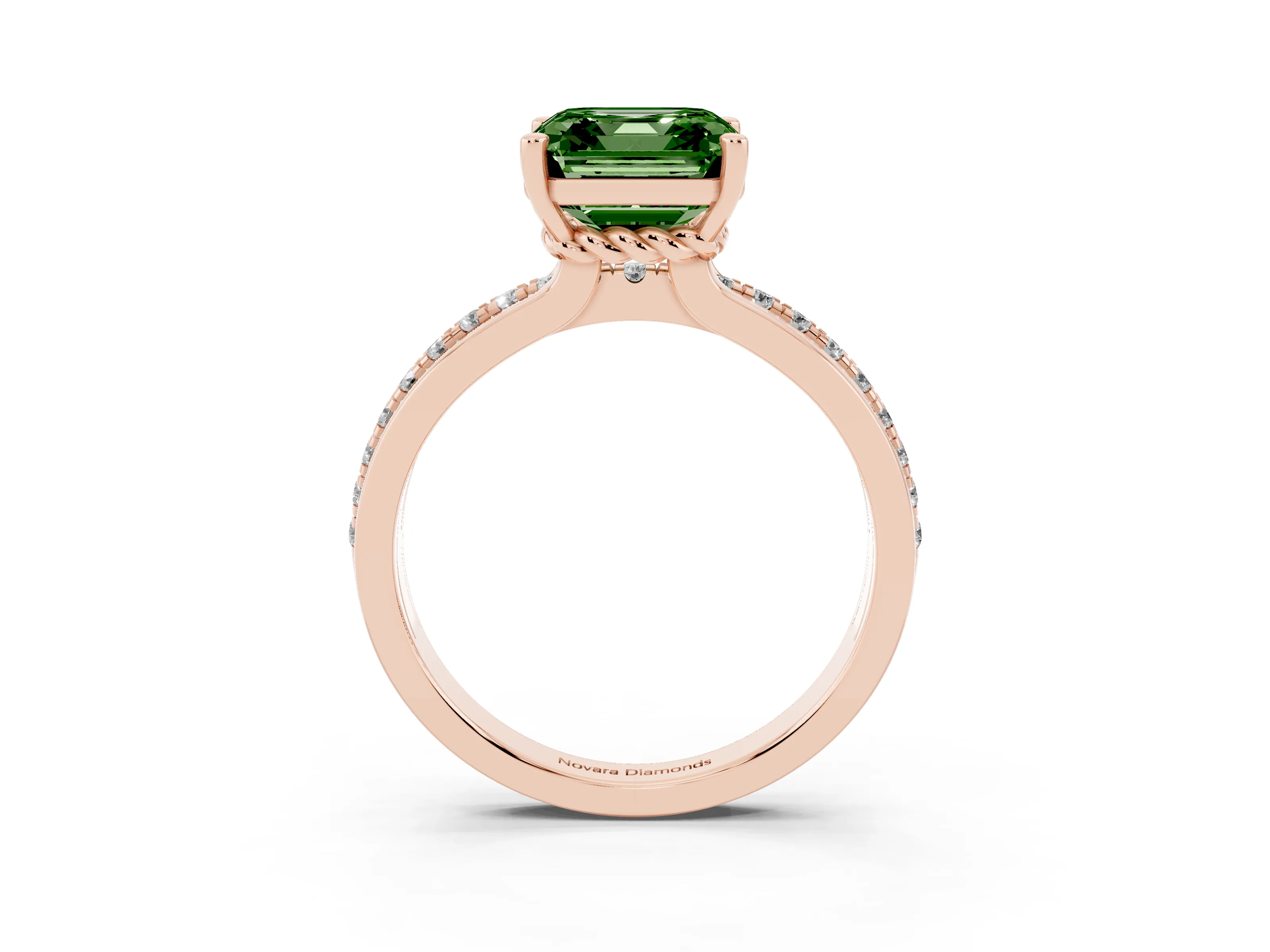 Fancy Green Asscher Cut Diamond Solitaire Ring Set in Rose gold with Channel Set Band and Prong Setting
