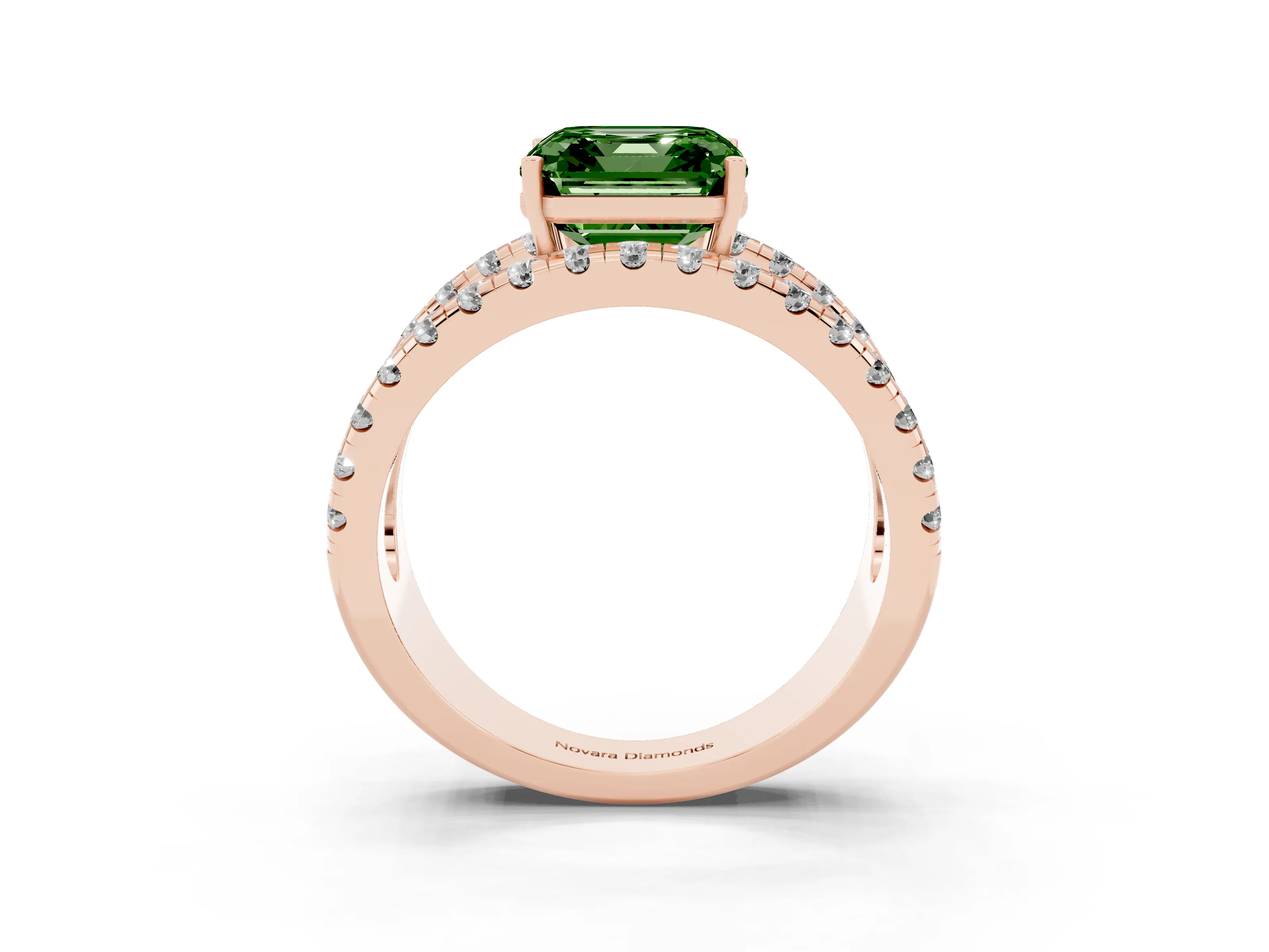 Fancy Green Asscher Cut Diamond Split Shank Pavé Solitaire Ring Set in Rose gold with Open Shank Design