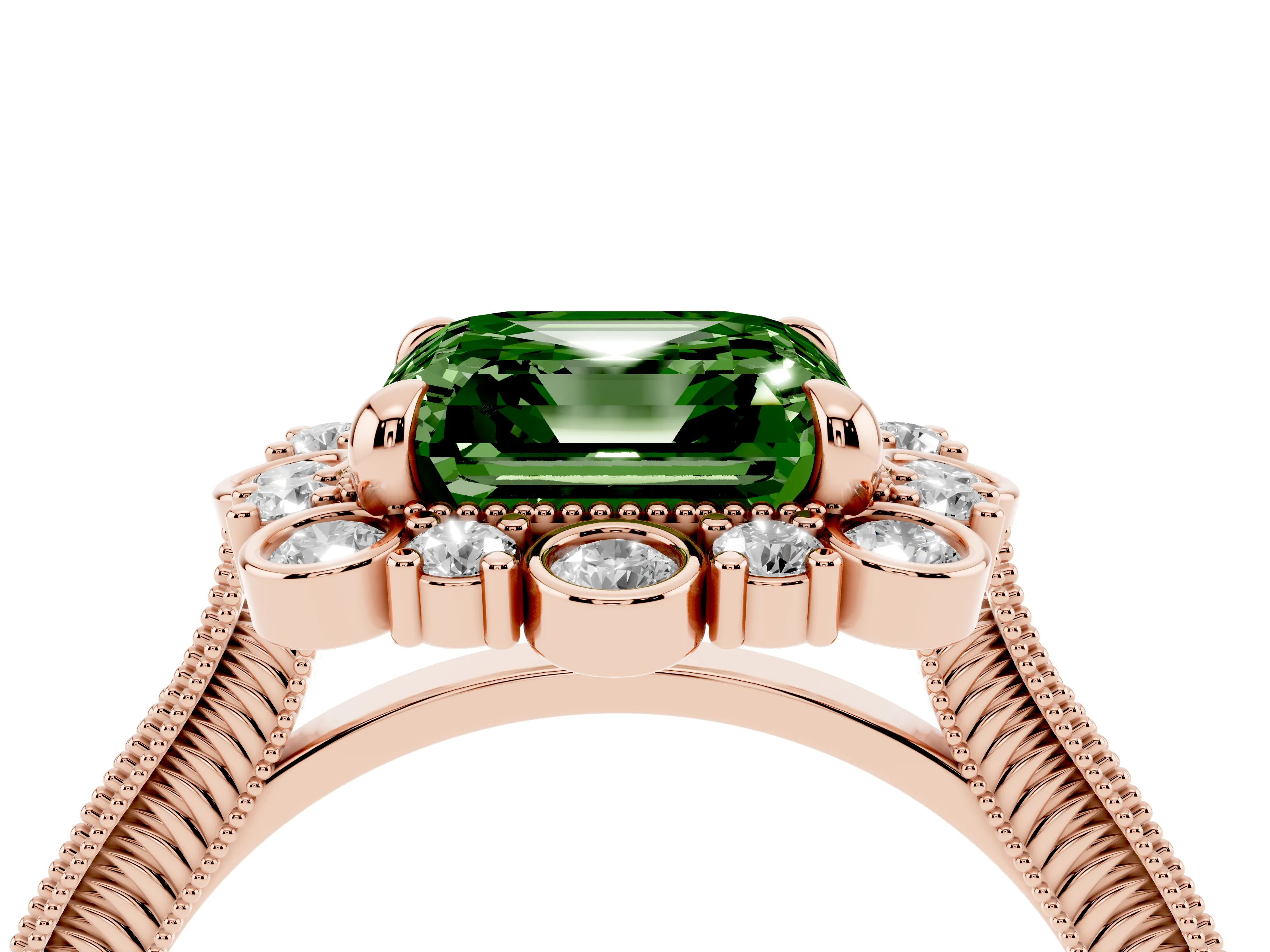 Fancy Green Asscher Cut Diamond Halo Milgrain Pavé Ring Set in Rose gold with Prong Setting