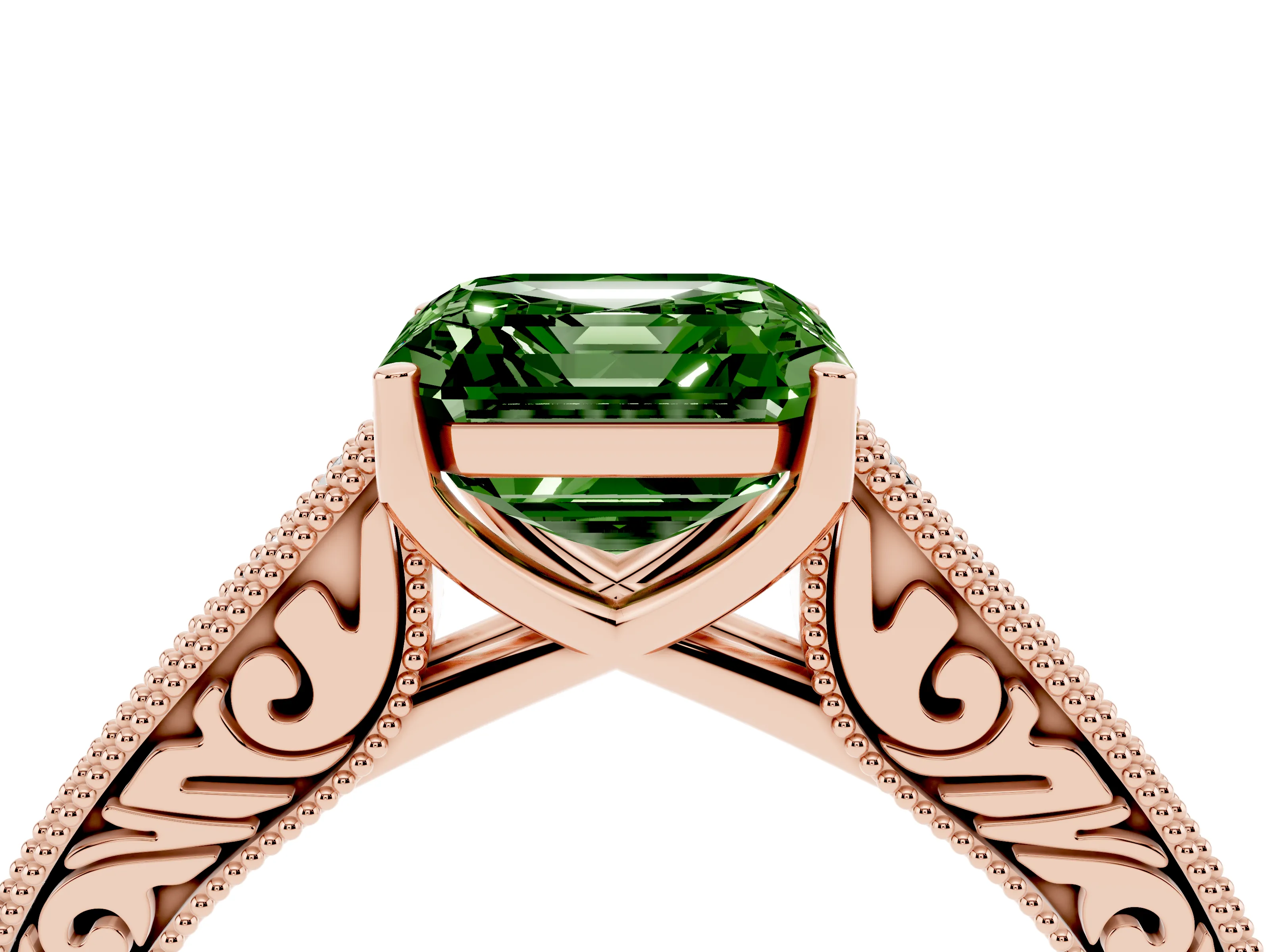 Fancy Green Asscher Cut Diamond Milgrain Pavé Band Solitaire Ring Set in Rose gold with Prong Setting