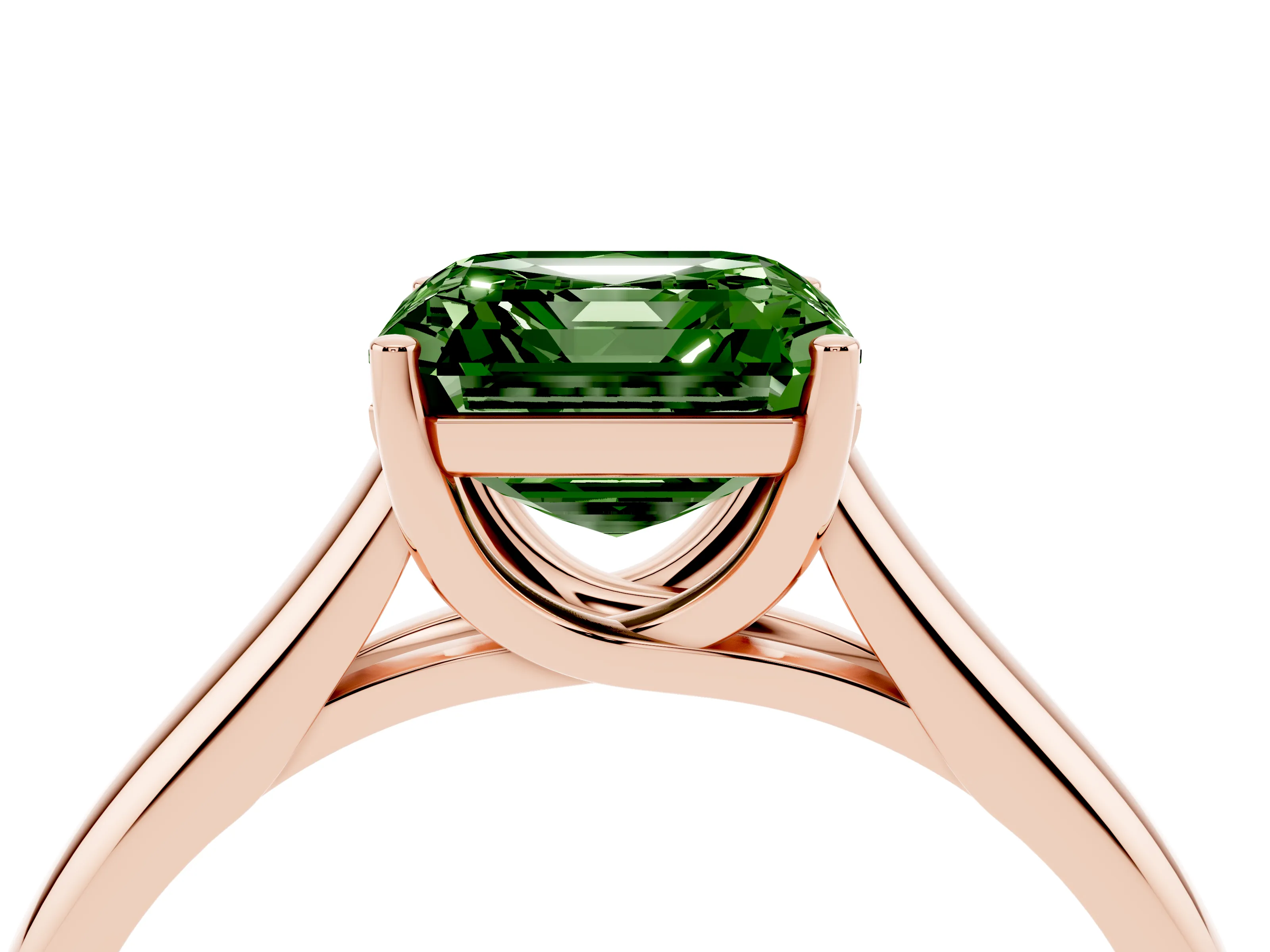 Fancy Green Asscher Cut Diamond Solitaire Engagement Ring Set in Rose gold with Subtly Tapered Band and Prong Setting