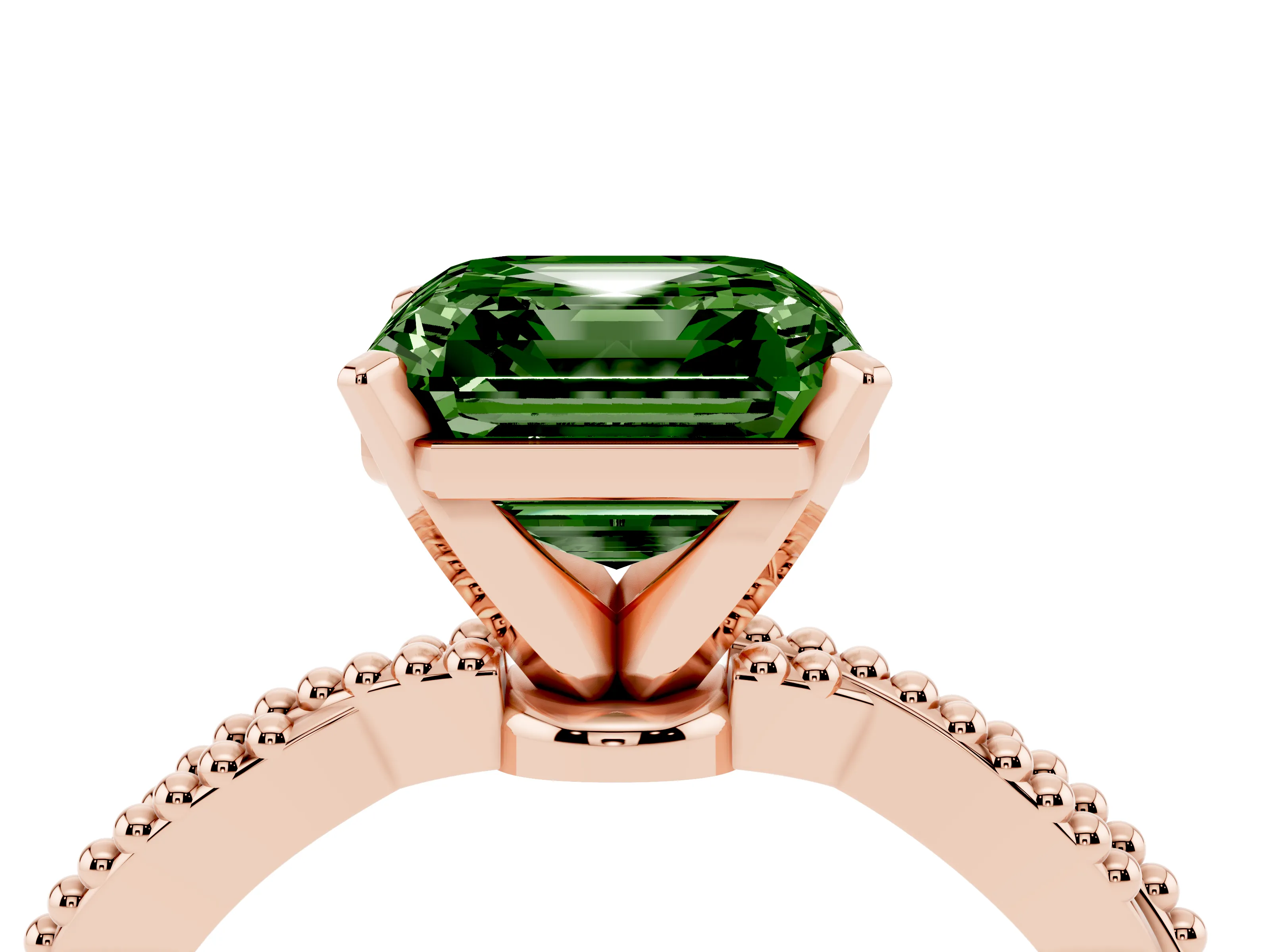 Fancy Green Asscher Cut Diamond Solitaire Ring Set in Rose gold with Twisted Band and Bead Prong Setting