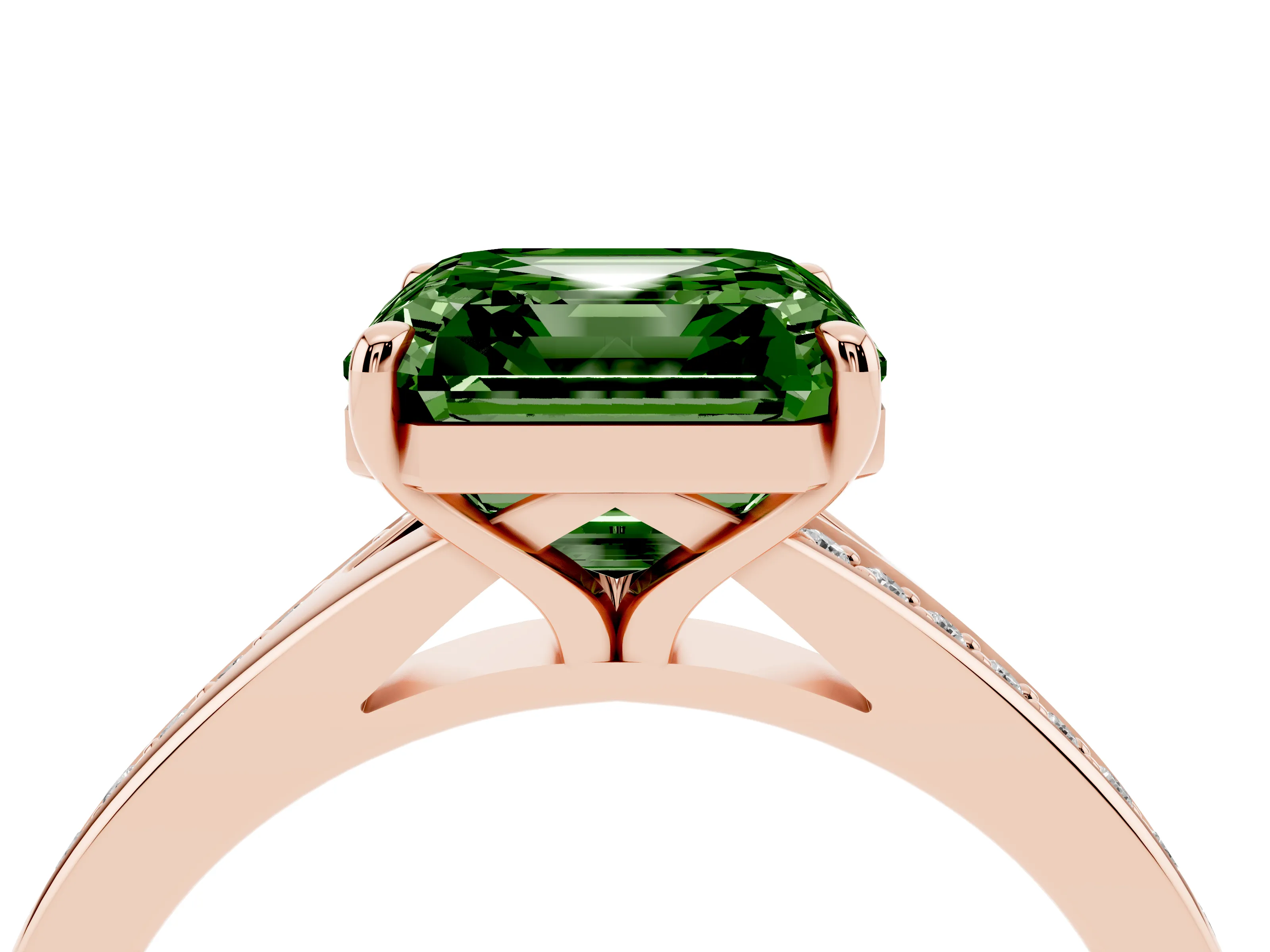 Fancy Green Asscher Cut Diamond Solitaire Ring Set in Rose gold with Pavé Accent Band and Classic Prong Setting