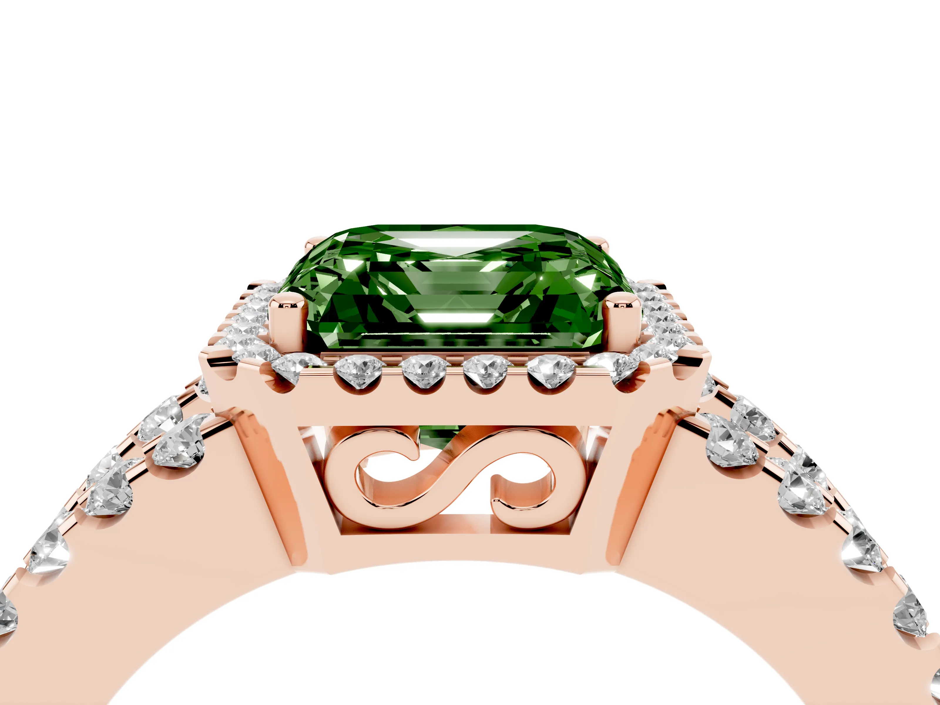 Fancy Green Asscher Cut Diamond Halo Ring Set in Rose gold with Pavé Split Shank and Prong Setting