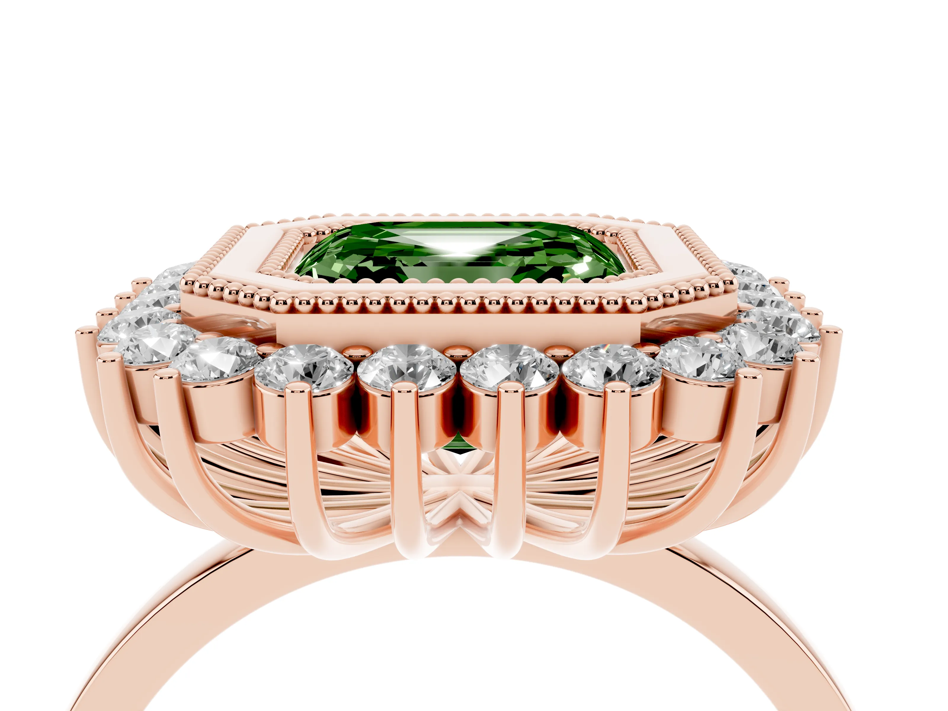 Fancy Green Asscher Cut Diamond Halo Ring Set in Rose gold with Milgrain Edge and Round Prong Setting