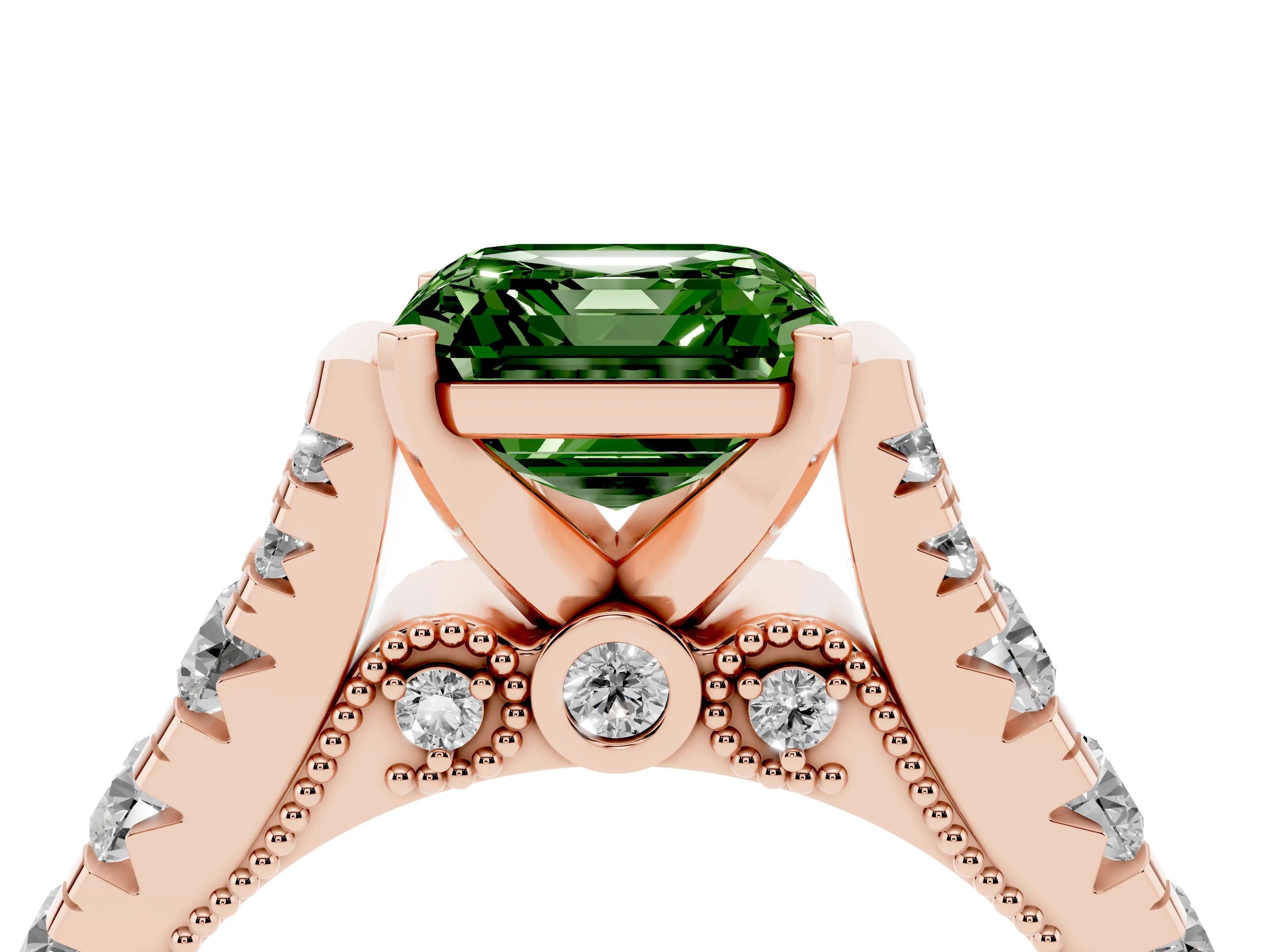 Fancy Green Asscher Cut Diamond Classic Solitaire Ring Set in Rose gold with Pavé Band and Prong Setting