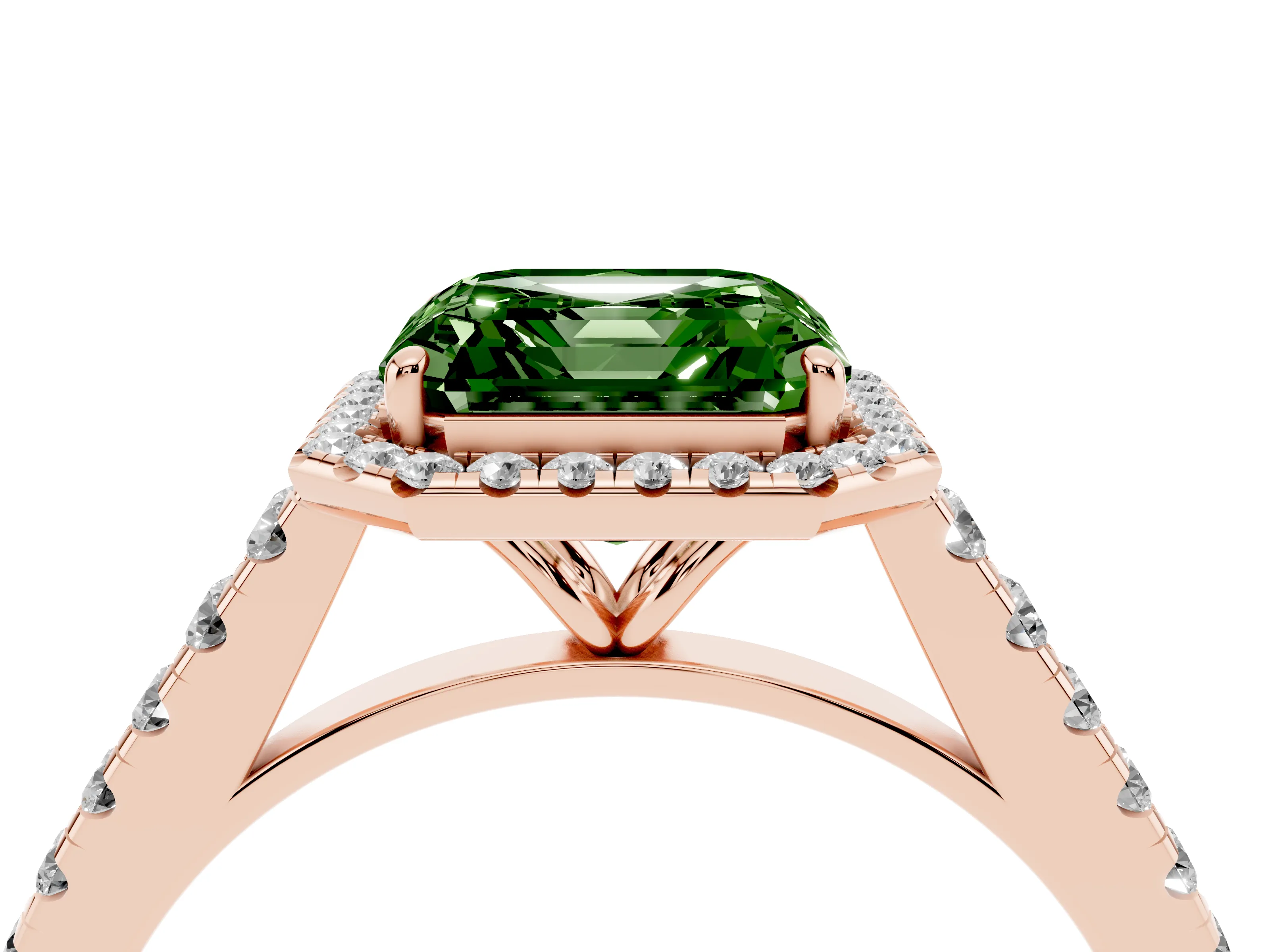 Fancy Green Asscher Cut Diamond Halo Pavé Engagement Ring Set in Rose gold with Prong Setting