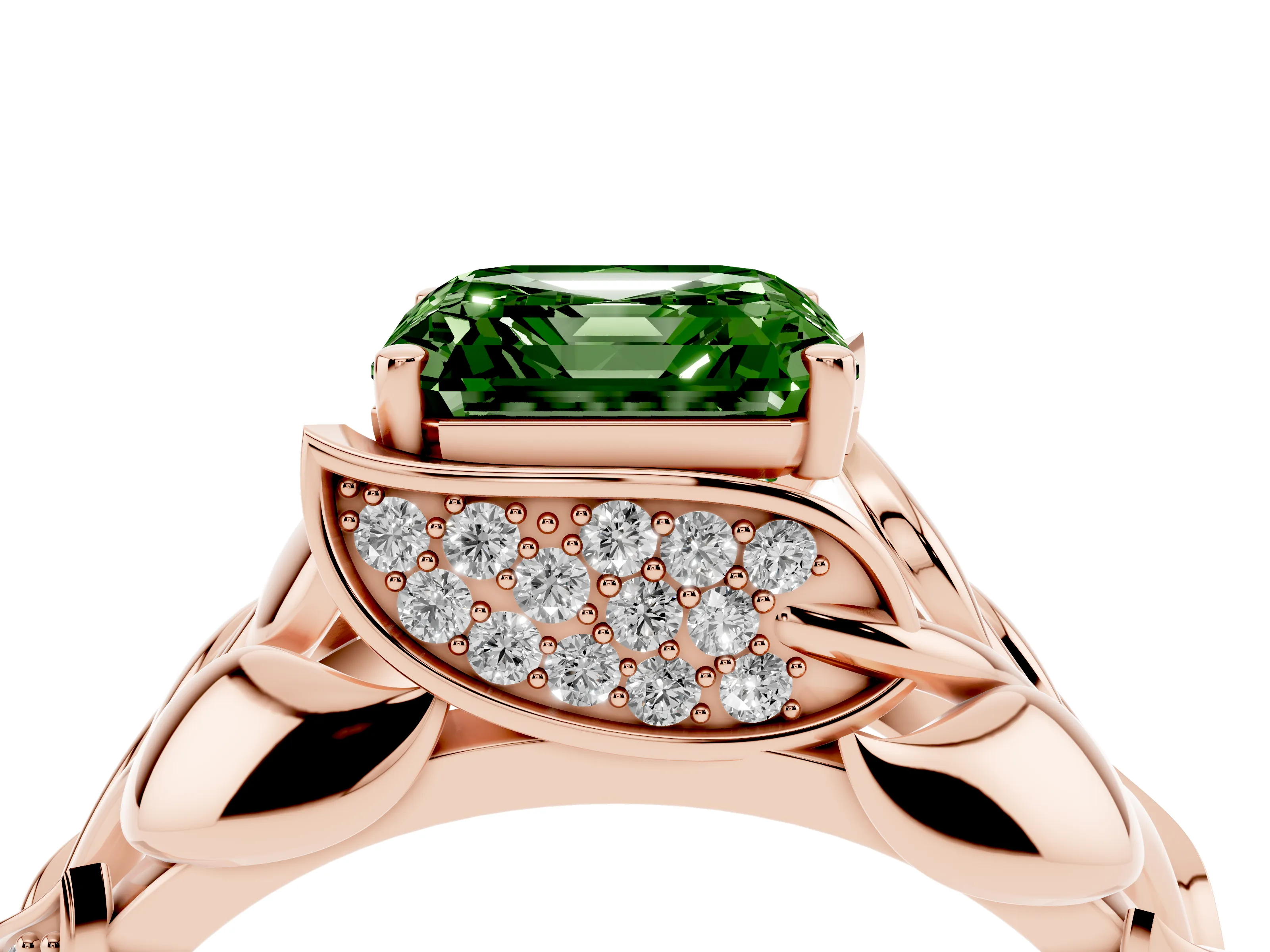 Fancy Green Asscher Cut Diamond Leaf-Inspired Engagement Ring Set in Rose gold with Round Accents