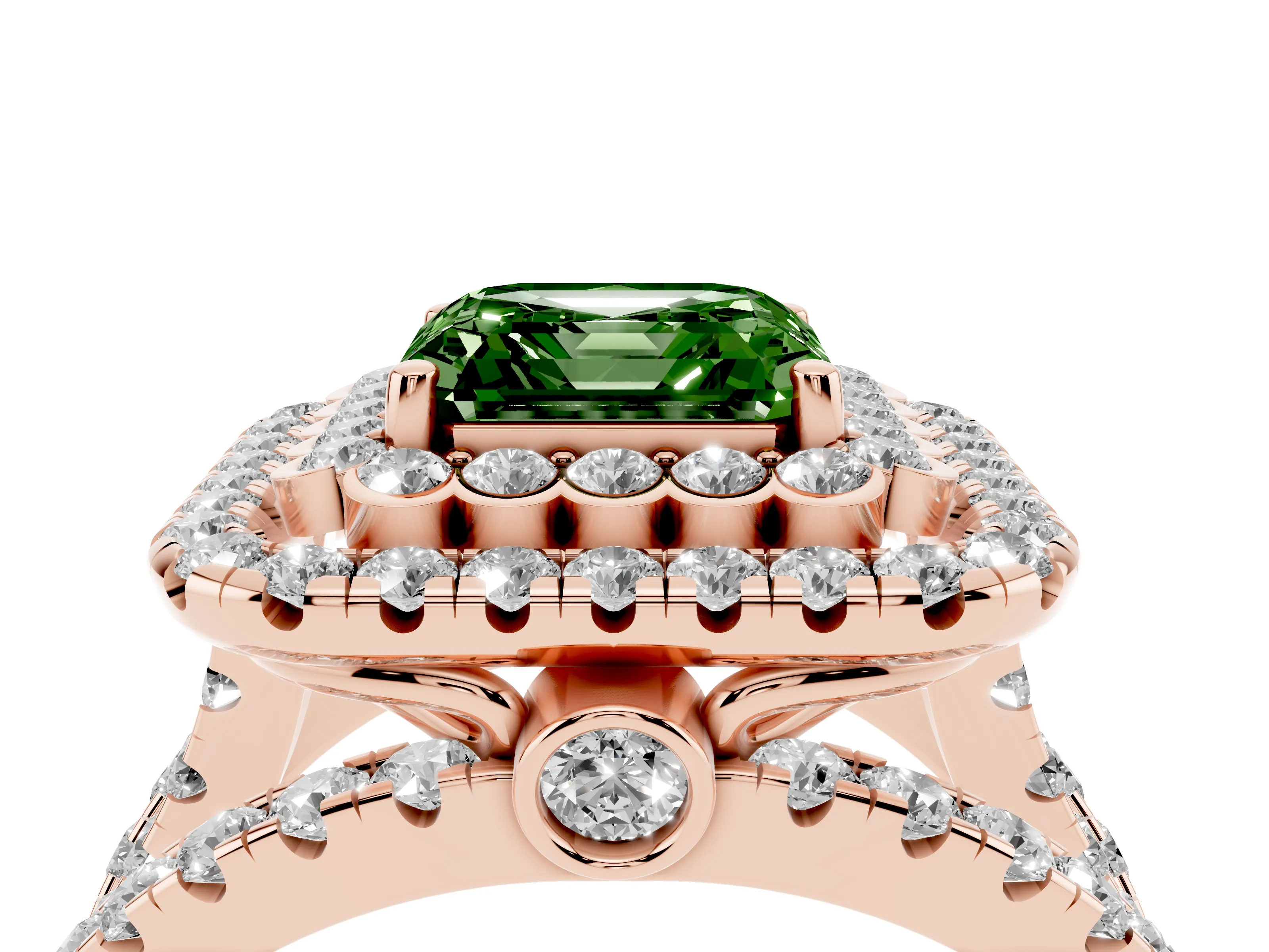 Fancy Green Asscher Cut Diamond Double Halo Ring Set in Rose gold with Round Pavé Split Shank