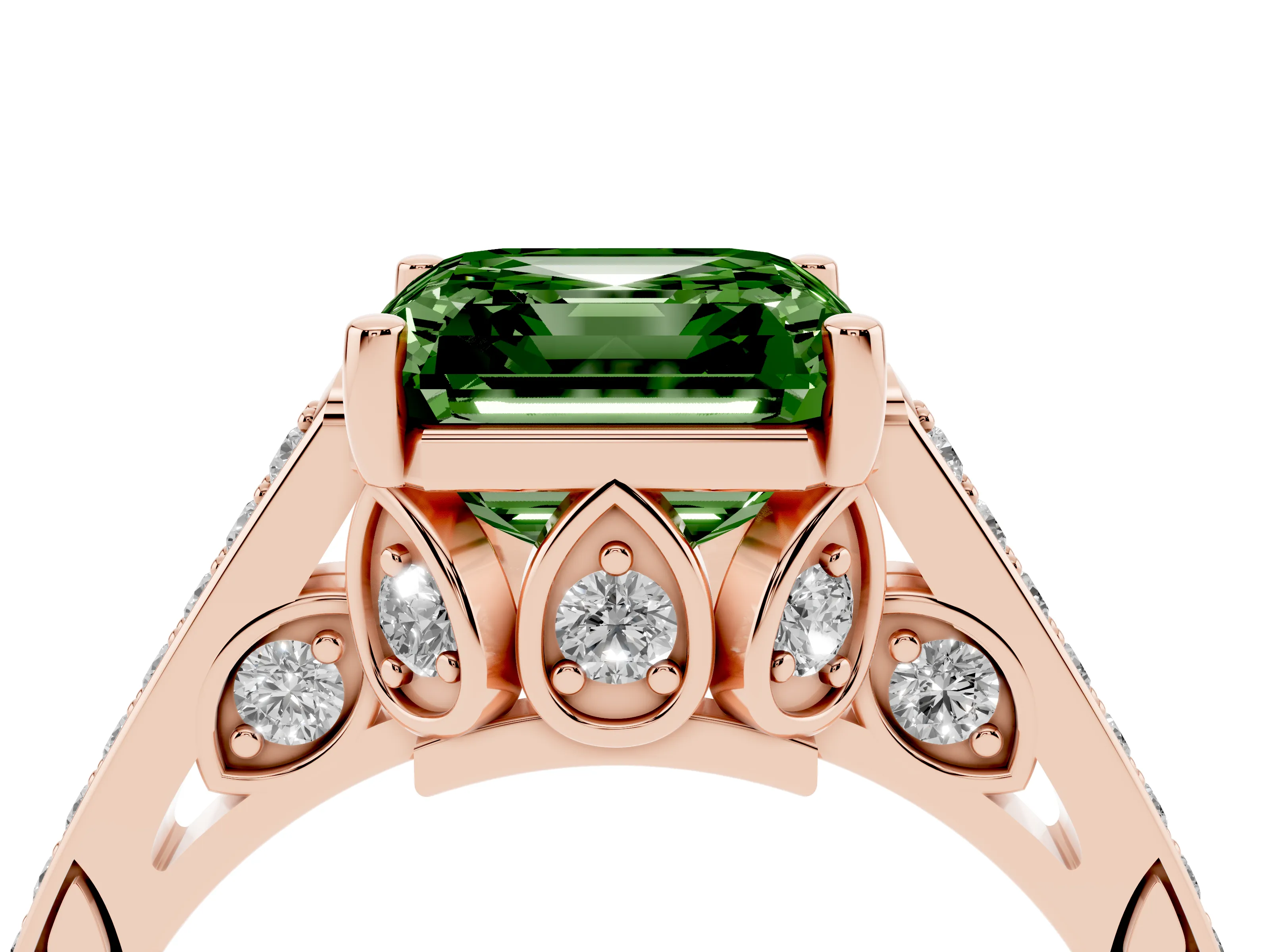 Fancy Green Asscher Cut Diamond Cathedral Pavé Engagement Ring Set in Rose gold with Prong Setting