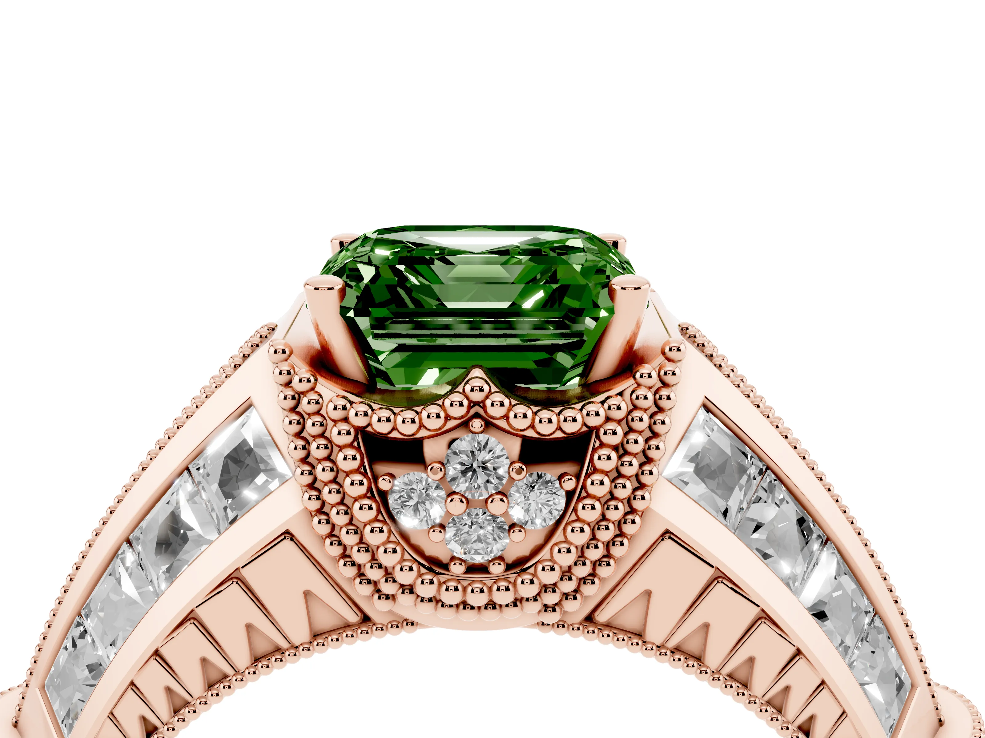 Fancy Green Asscher Cut Diamond Vintage-Inspired Milgrain Ring Set in Rose gold with Accent Split Shank