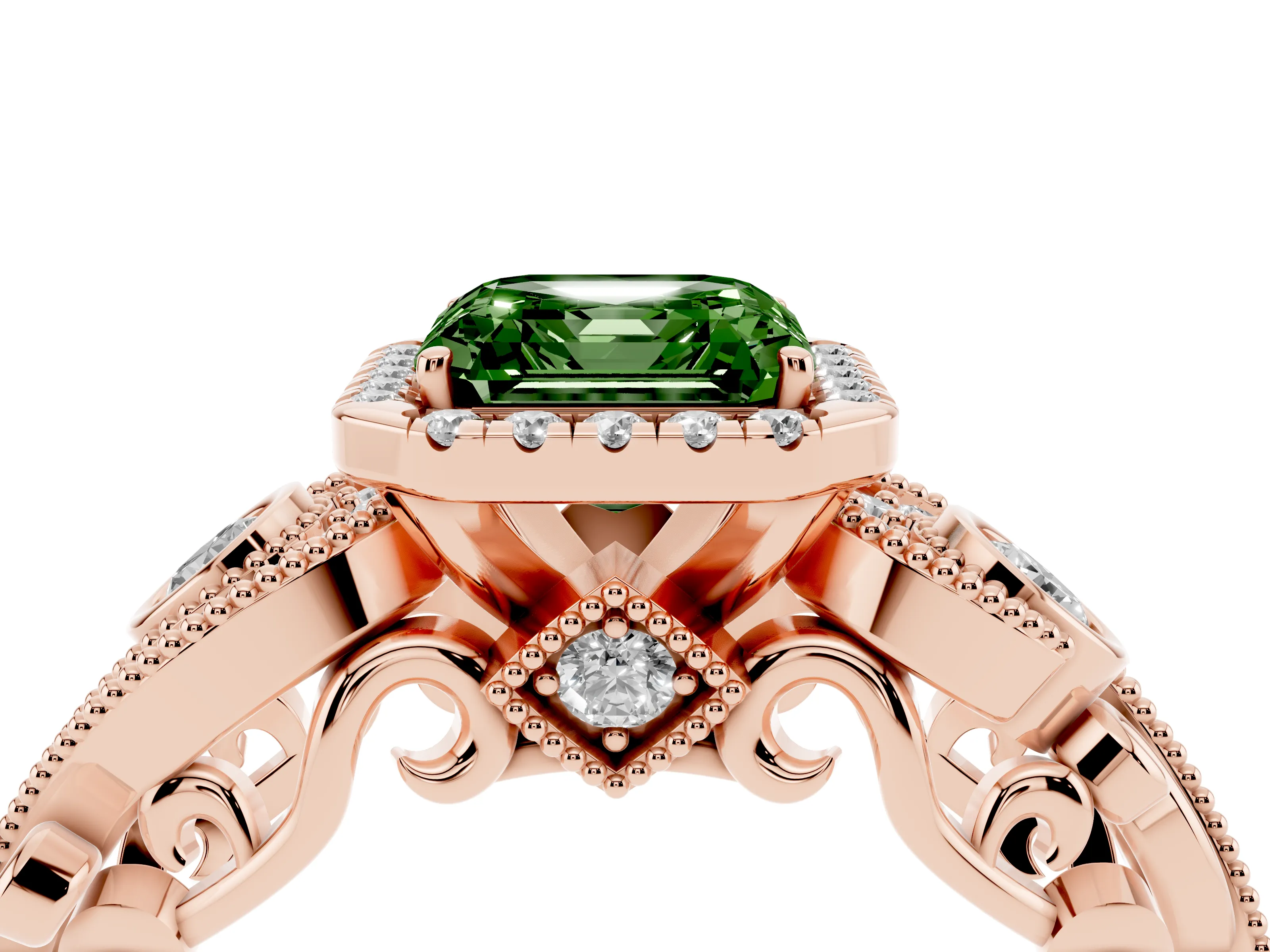 Fancy Green Asscher Cut Diamond Halo Ring Set in Rose gold with Milgrain Pavé Band and Prong Setting
