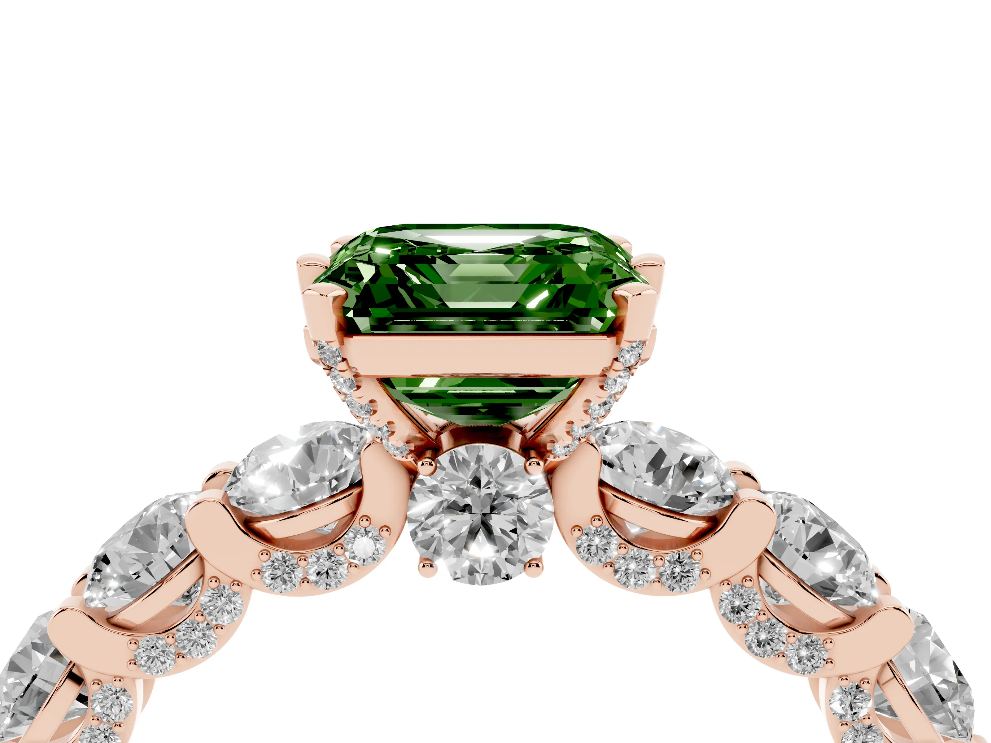 Fancy Green Asscher Cut Diamond Side Stone Ring Set in Rose gold with Alternating Round and Oval Side Stones