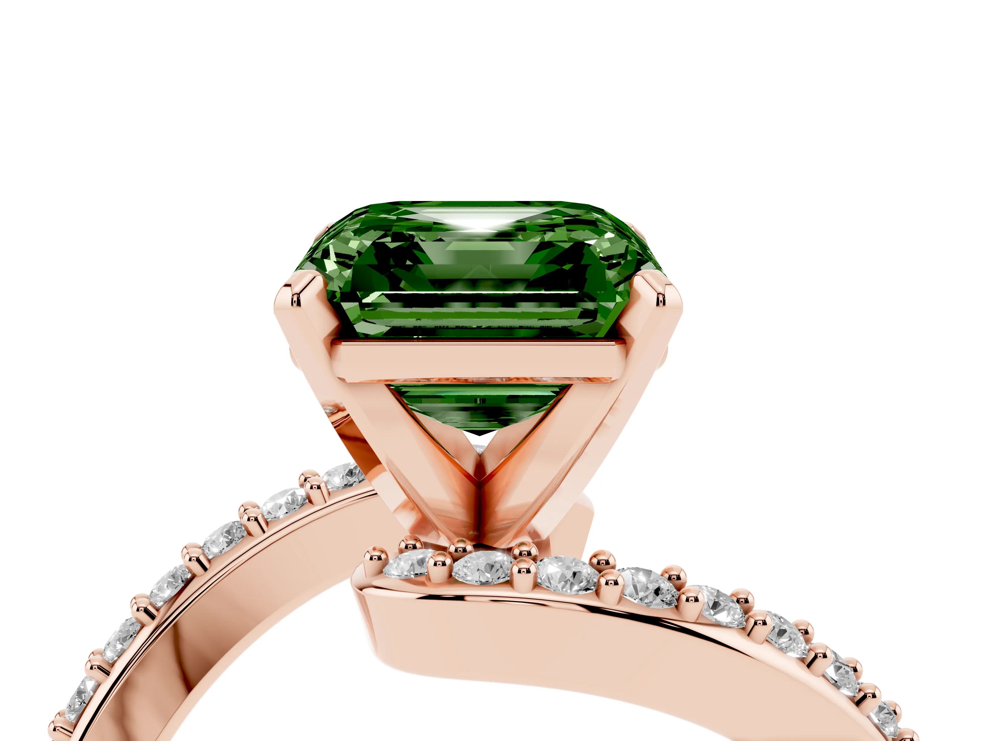 Fancy Green Asscher Cut Diamond Solitaire Ring Set in Rose gold with Pavé Twist Band and Prong Setting