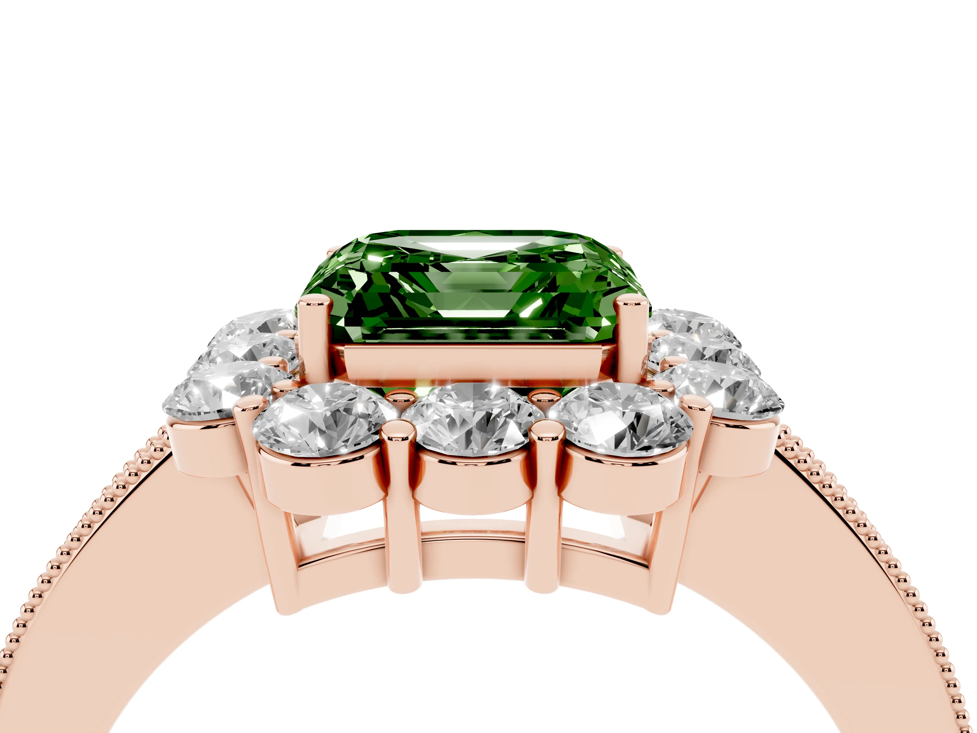 Fancy Green Asscher Cut Diamond Halo Pavé Engagement Ring Set in Rose gold with Milgrain Detailing