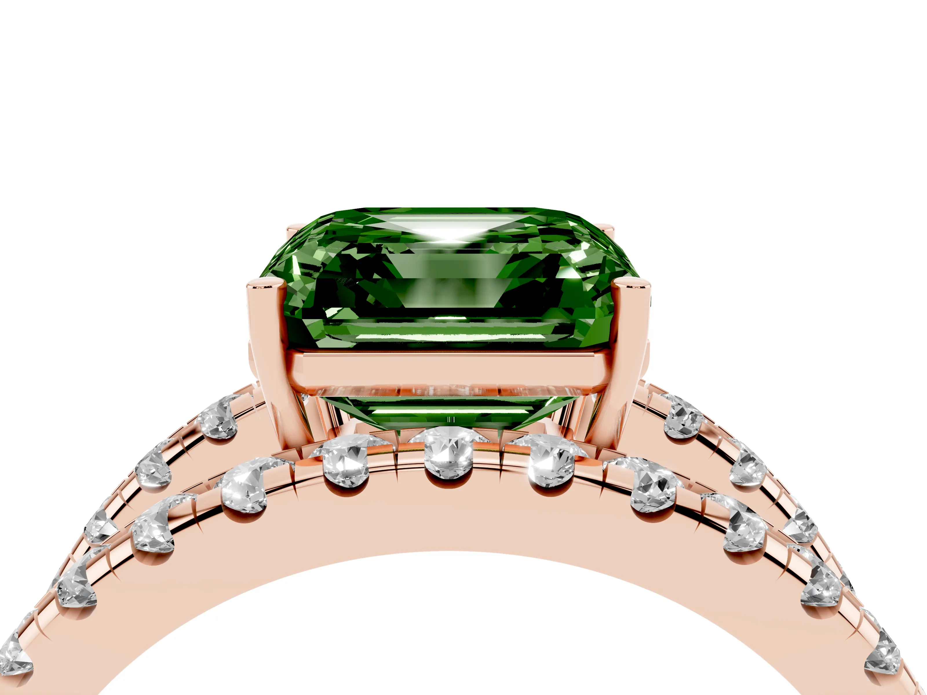 Fancy Green Asscher Cut Diamond Split Shank Pavé Solitaire Ring Set in Rose gold with Open Shank Design